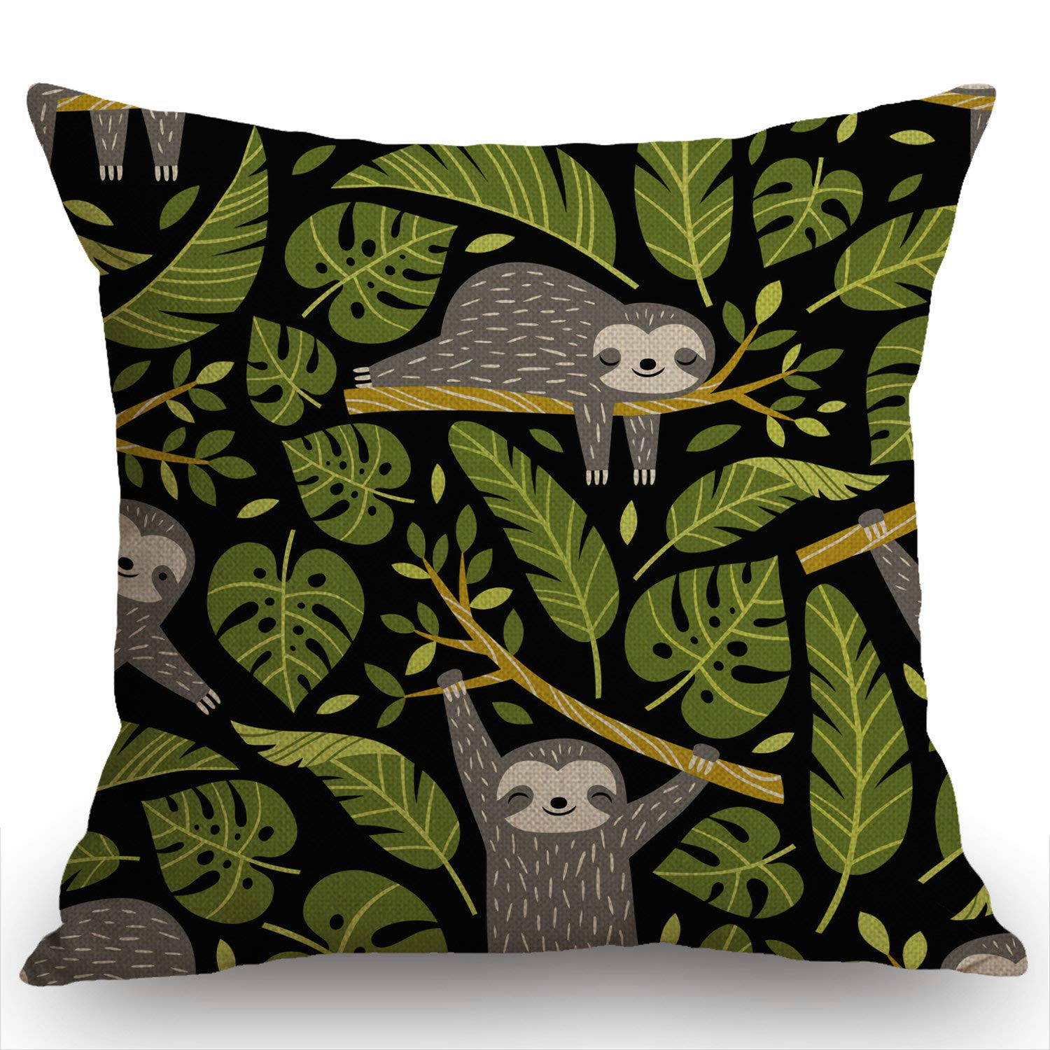 Swono 18x18 Inch Sloth & Palm Leaf Throw Pillow Cover - Soft Cotton Linen Cushion Case for Sofa, Couch, Bed - Farmhouse Home Decor (Perfect for Living Room, Nursery & Boho Style Bedrooms)