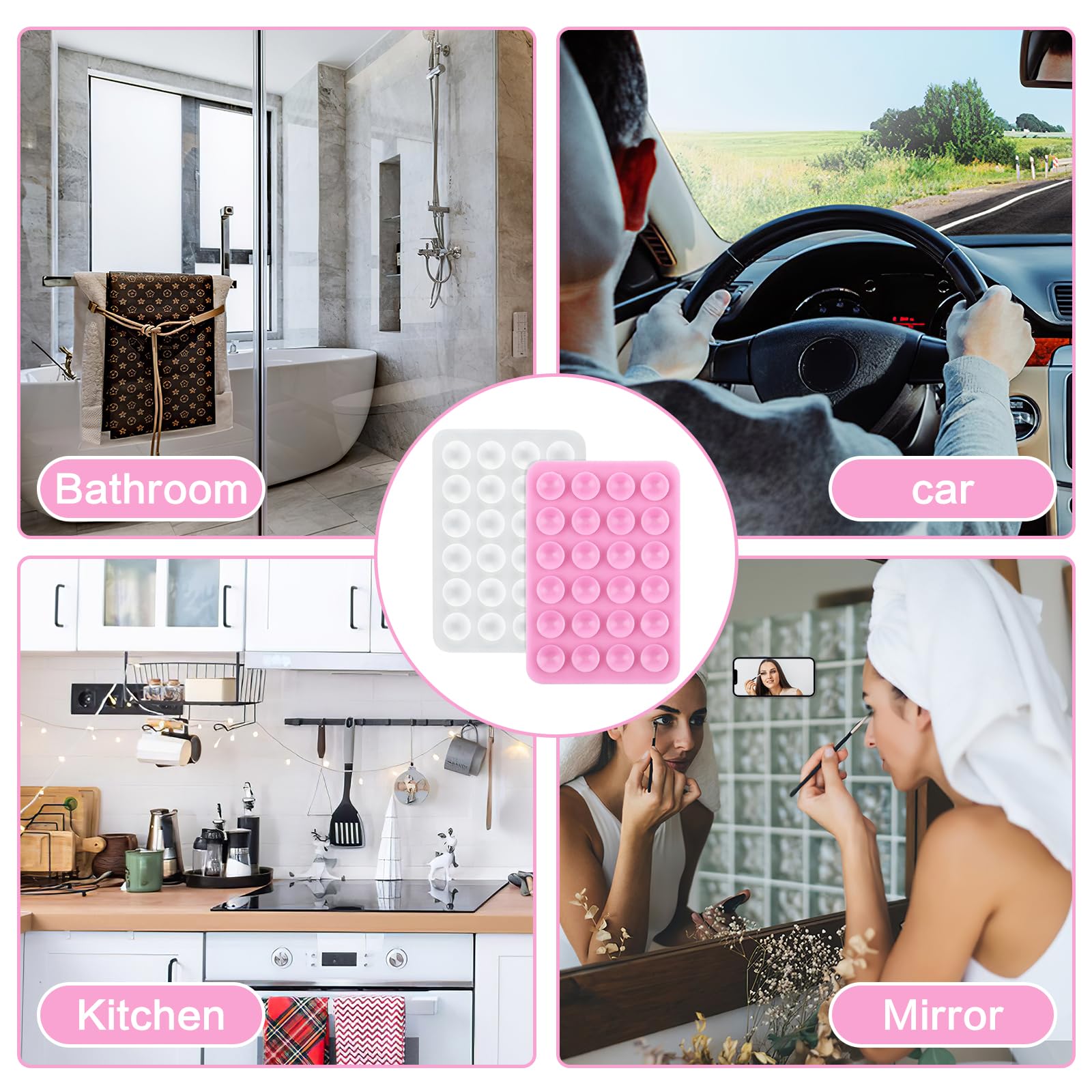 2PCS Non-Slip Silicone Suction Cup Phone Holder, Clear & Pink Sticky Grip for Hands-Free Shower Mirror Mount, Fidget Mirror for Selfies & Videos, Perfect for Bathroom, Car, and Home Use