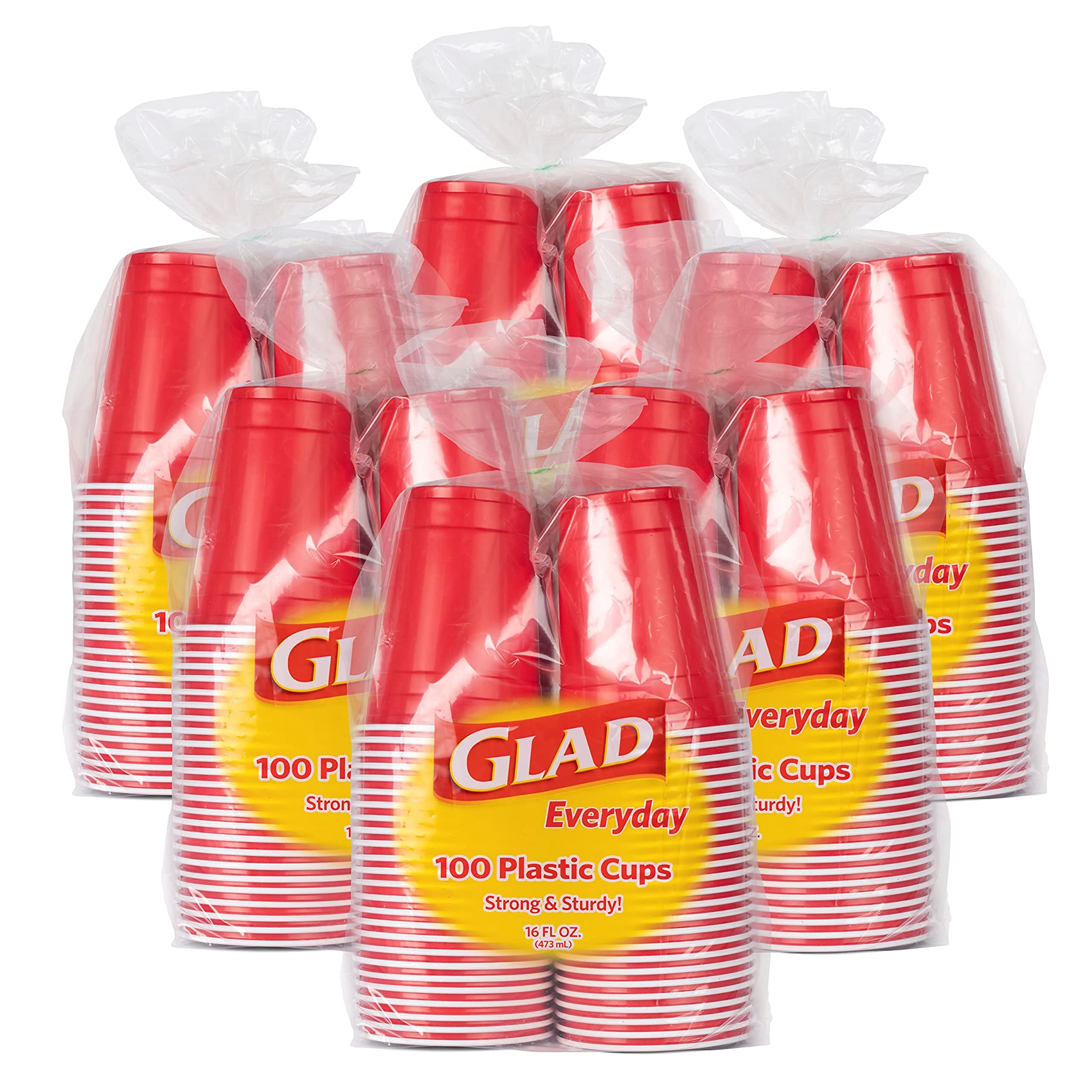Glad 16 Oz Disposable Red Plastic Cups - 100 Pack (6 Sets of 16 Cups) | Durable & Sturdy Party Cups for Beer, Soda, Cocktails | Ideal for BBQs, Picnics, Tailgating & Home Gatherings