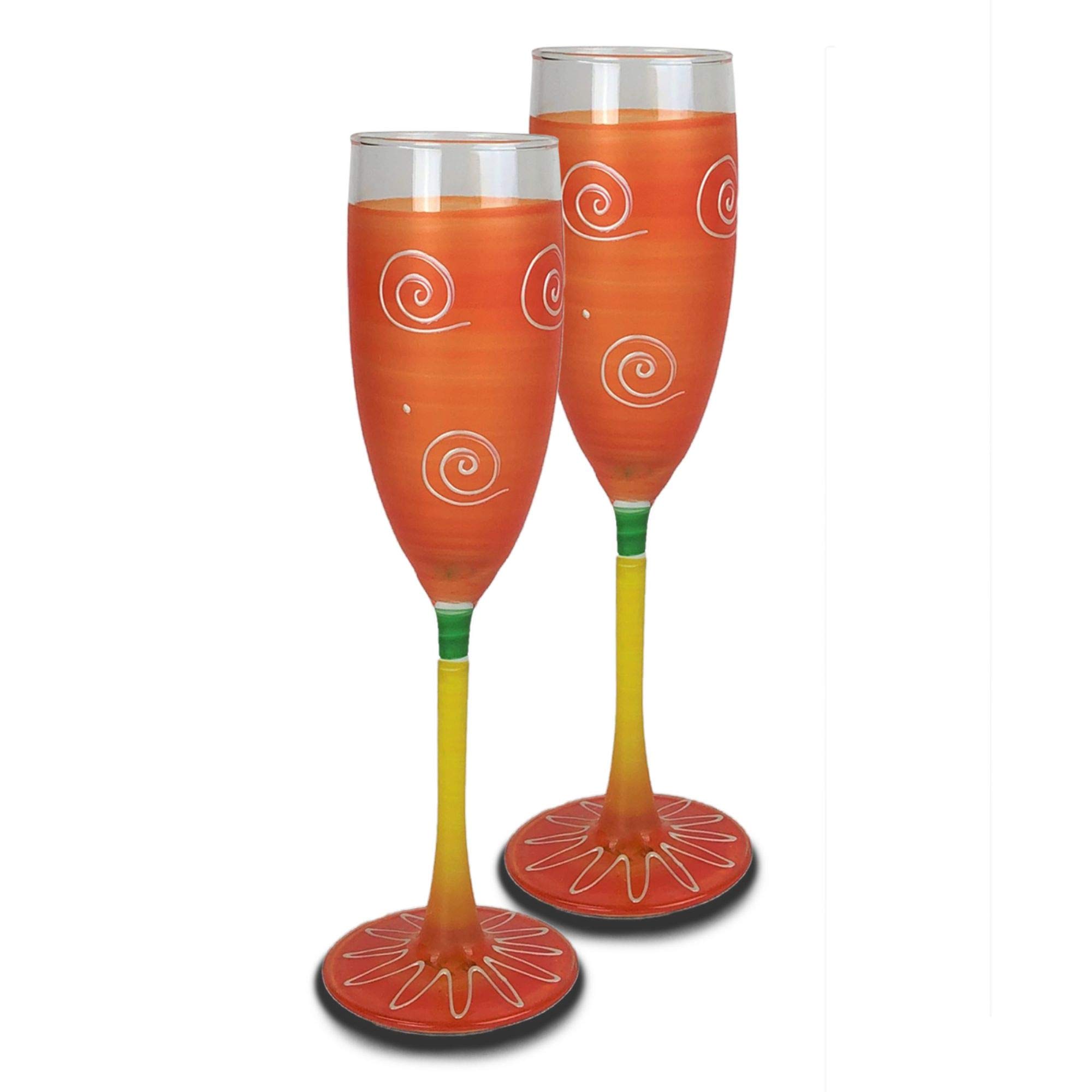 Set of 2 Orange & White Hand-Painted Champagne Flutes - 5.75 Oz Elegant Glassware for Weddings, Parties & Romantic Dinners