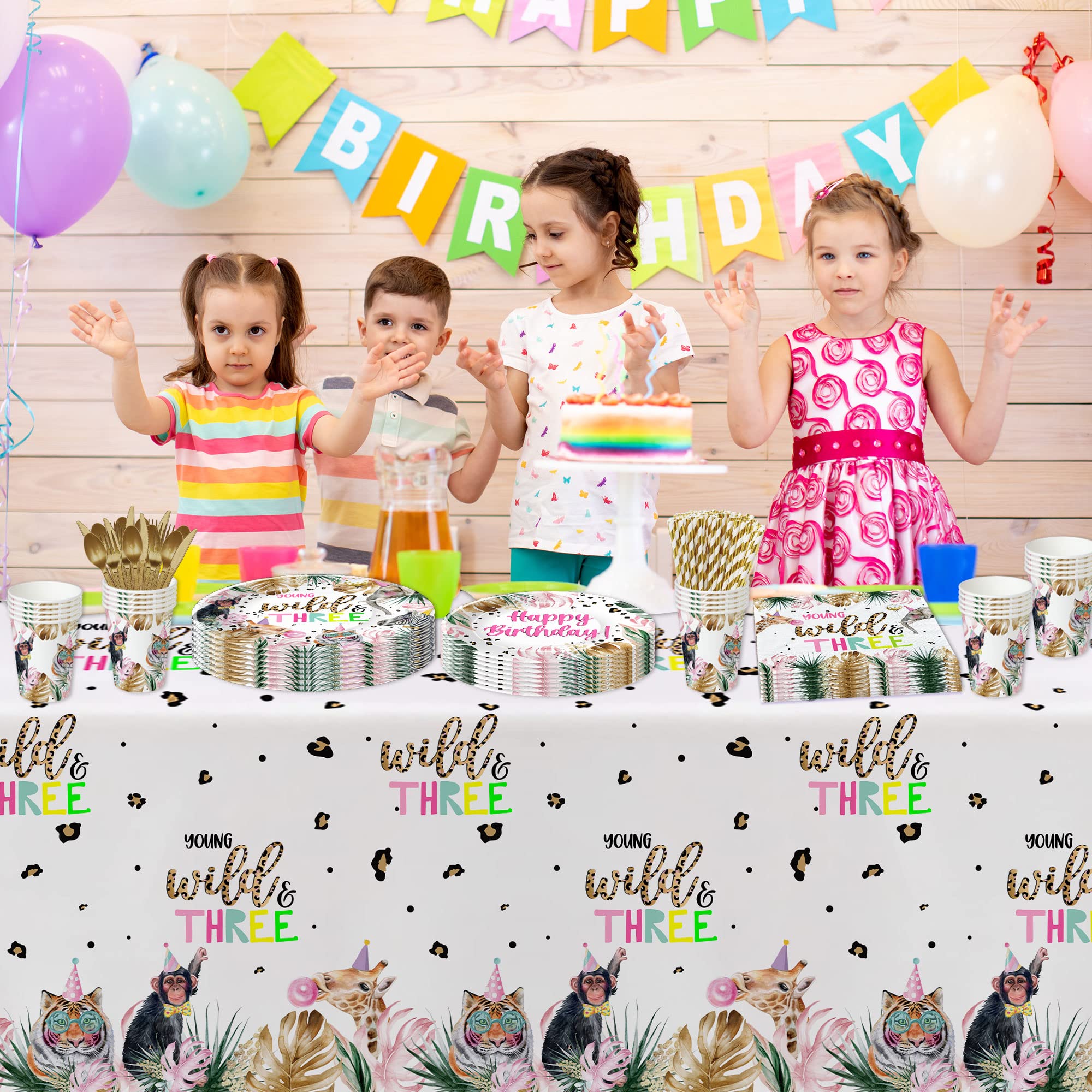 Wild Safari 3rd Birthday Party Supplies Set - 24-Piece Dinnerware Kit with Plates, Cups, Napkins, Tablecloth, Cutlery & Straws for Jungle Animal Themed Decorations | Perfect for Kids' Birthday Parties, Baby Showers & Themed Events
