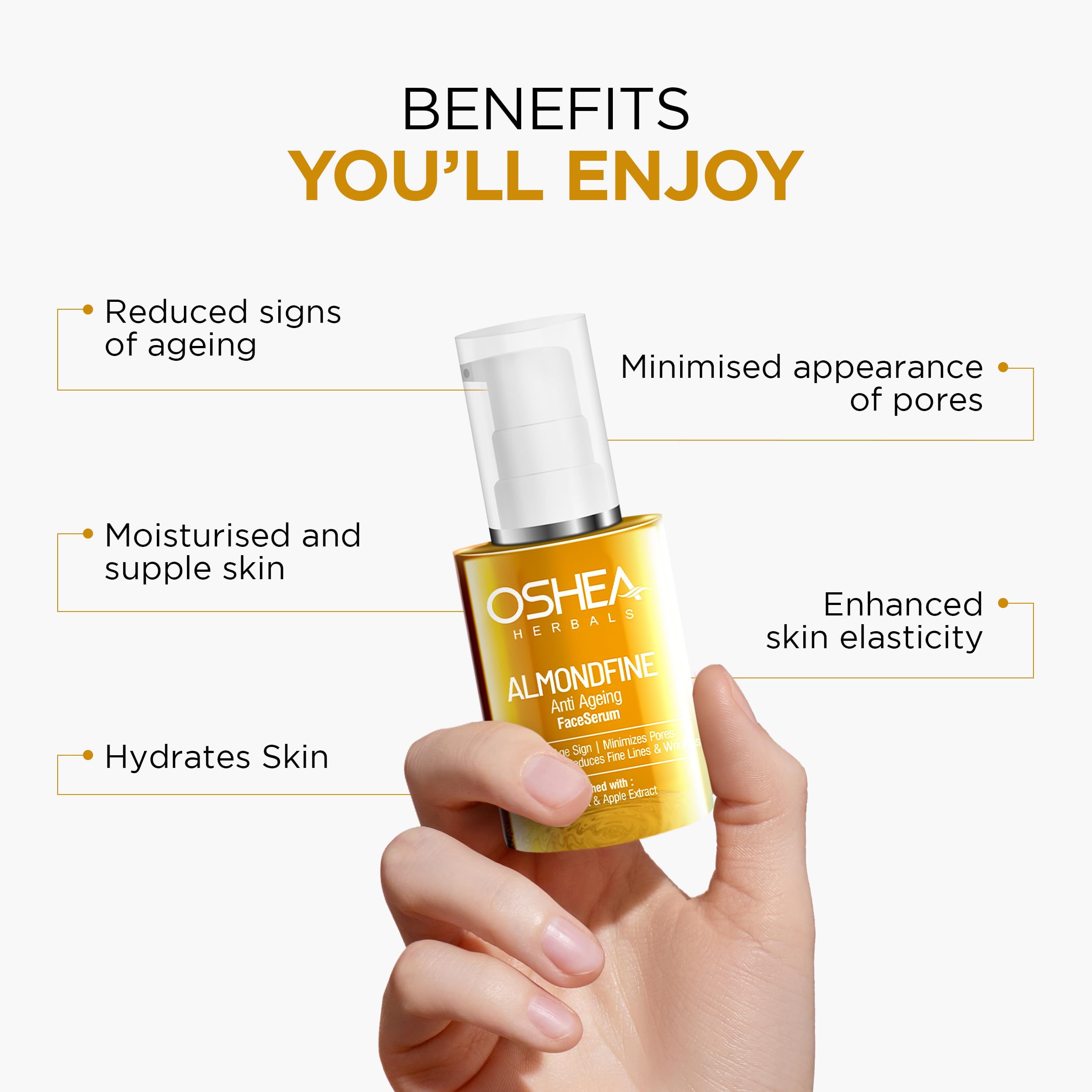 Oshea Herbals Almondfine Anti-Aging Face Serum for Normal Skin – Hydrating Formula Reduces Fine Lines & Wrinkles | Enriched with Grapefruit & Apple Extracts | 30ml | Perfect for Daily Skincare Routine & Nighttime Rejuvenation
