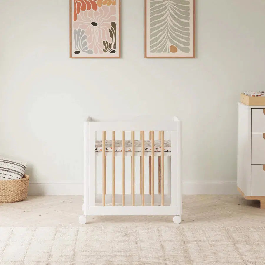 Babyletto Yuzu 8-in-1 Convertible Crib - White & Natural Wood | Nursery Furniture for Newborn to Toddler | Modern Baby Bed for Small Spaces & Gender-Neutral Nursery Decor