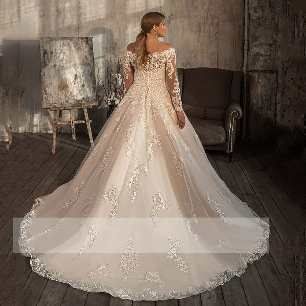 XYAYE Long Sleeve Lace Wedding Dress for Bride - Off Shoulder Puffy Tulle Bridal Gown for Women | Perfect for Church Ceremony, Beach Wedding & Romantic Photoshoot
