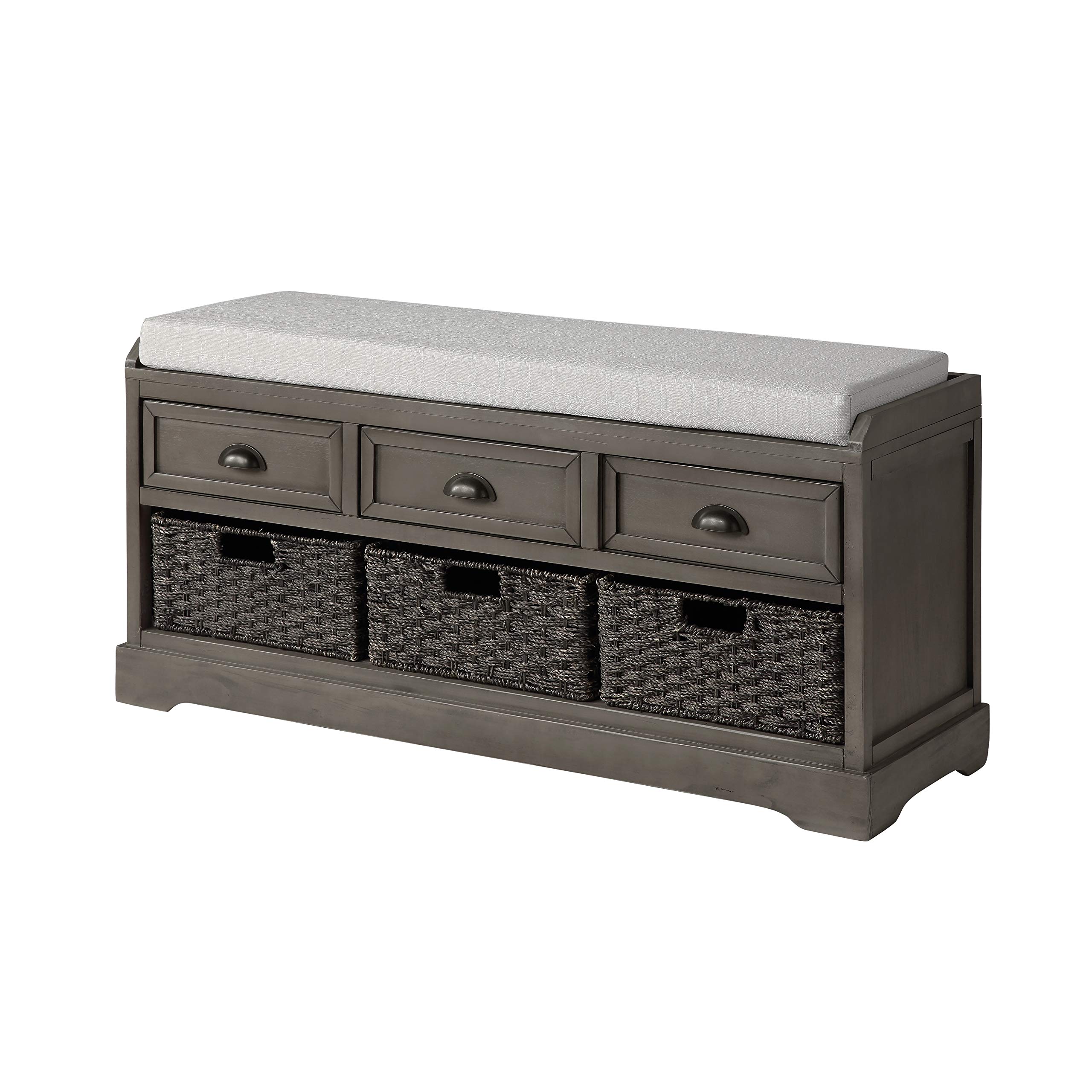 Rustic Gray Wood Storage Bench with 2 Cabinets & 1 Basket - Entryway Shoe Bench with Removable Cushion - Perfect for Living Room, Hallway & Home Organization - Ideal for Shoes, Blankets & Entry Storage