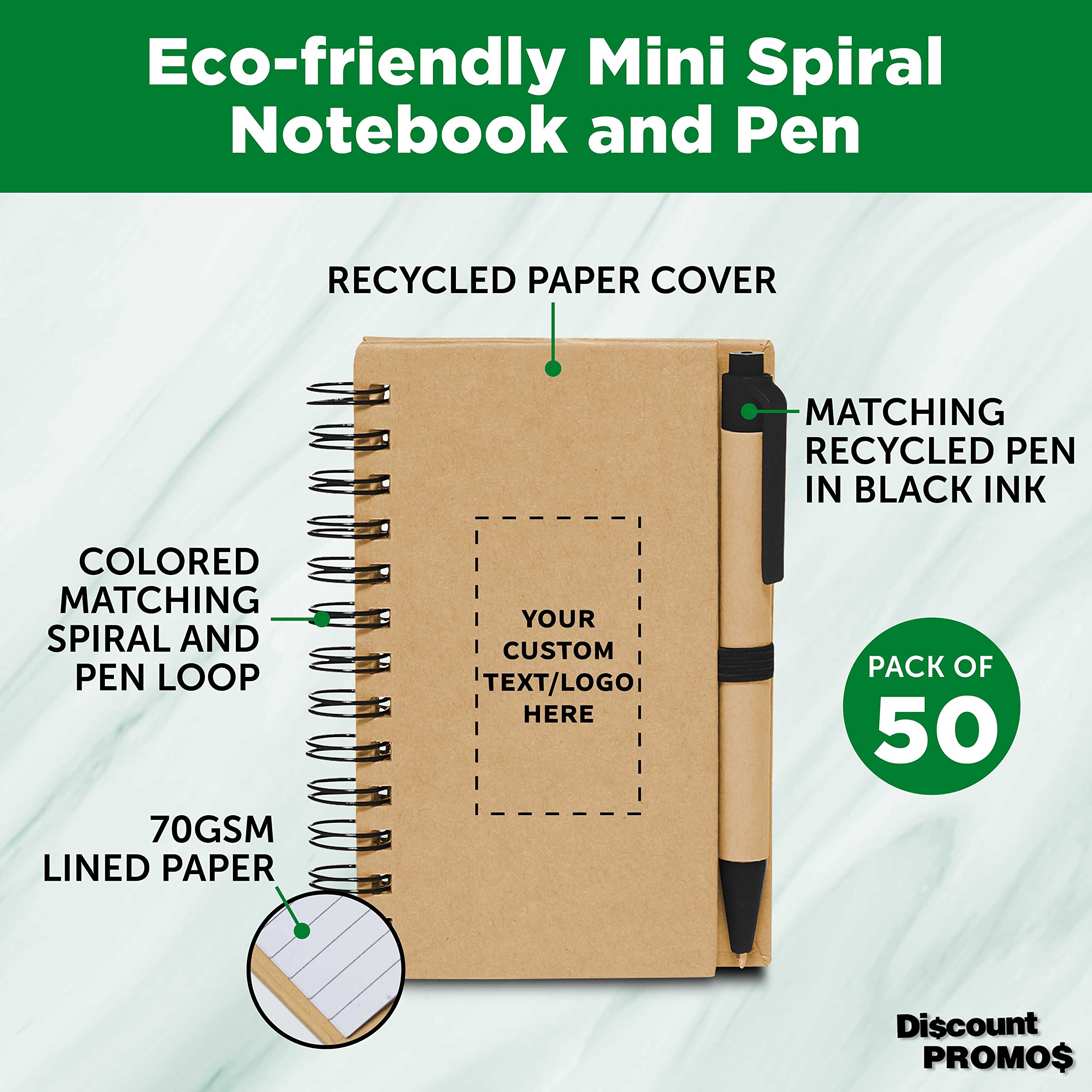 Custom Mini Spiral Notebooks with Black Ink Pens (Set of 50) - Personalized Bulk Pack for School, Office & Business Use - Great for Notes, Journals & Gifts - Black
