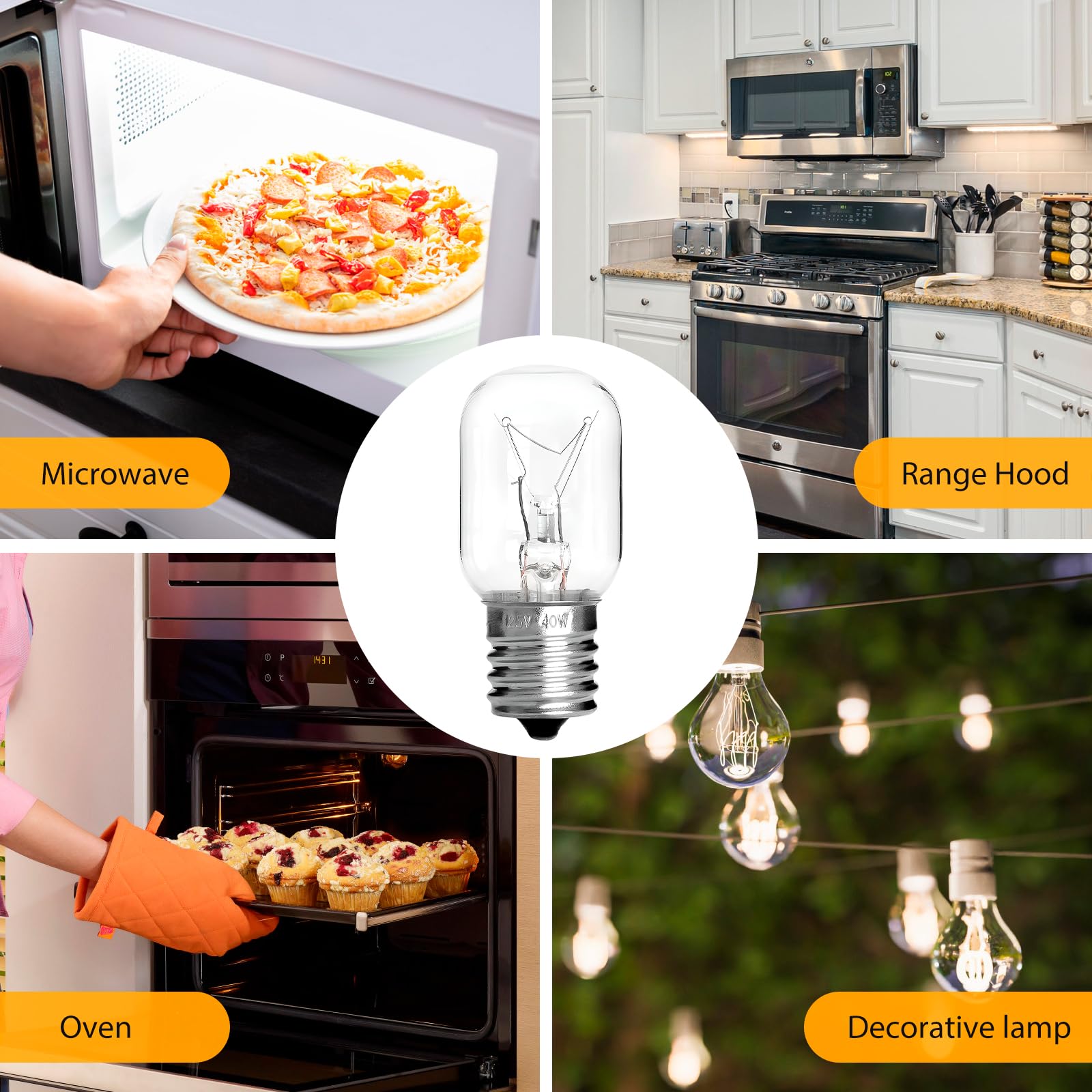 Belleone 40W 125V Microwave Light Bulb - Compatible with Whirlpool, Maytag, GE, Kenmore Over Range Hood (Model 8206232A) - 2-Pack for Stove and Kitchen Lighting