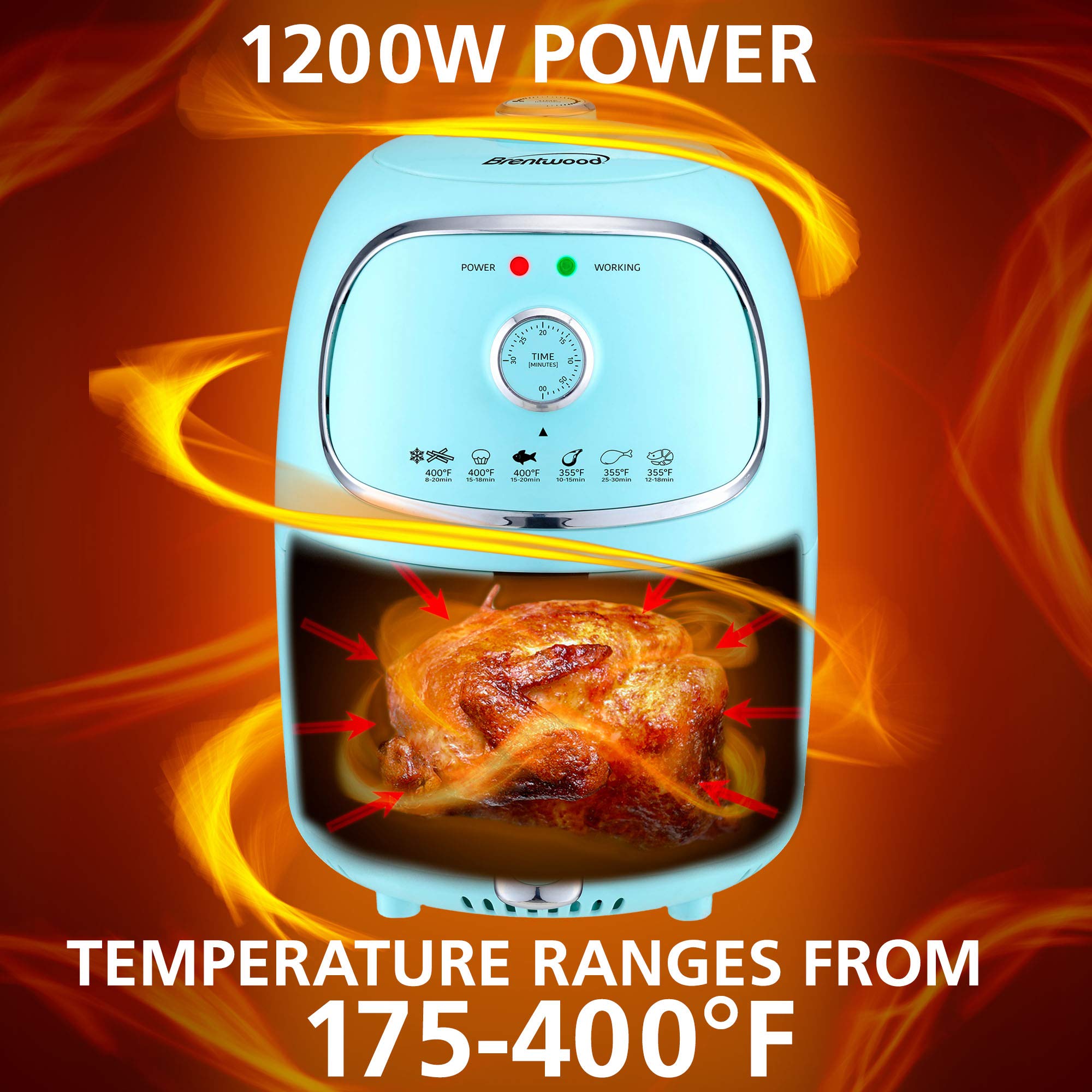 Brentwood AF-202BL 2-Quart 1200W Electric Air Fryer with Digital Timer & Adjustable Temperature - Blue - Healthy Oil-Free Cooking for French Fries, Chicken Wings & Vegetables