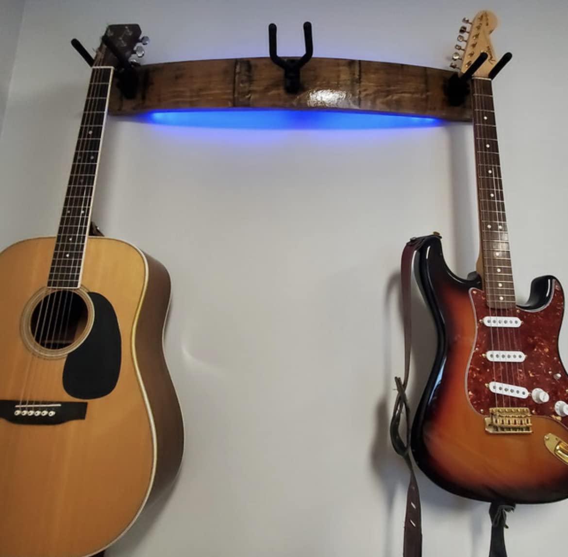 Coyle Woodworks Whiskey Barrel Stave 3-Instrument Wall Mount with LED Lights - Natural Finish Guitar, Ukulele, Violin, Banjo, Bass Hanger - Perfect for Home Decor, Music Room, Bar, and Man Cave Display