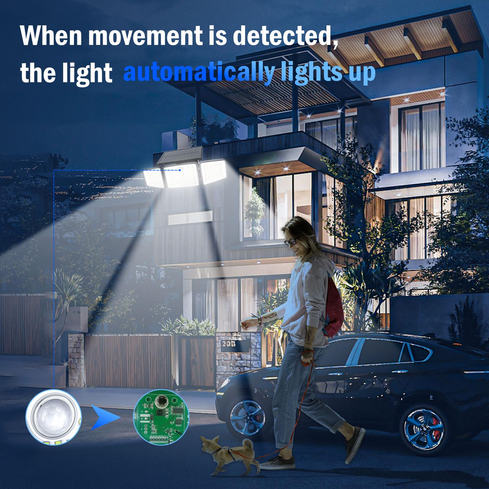 2500LM Solar Powered Outdoor Security Lights with Motion Sensor - 3 Head 355° Wide Angle Waterproof Street & Area Lighting (3 Modes, Black, 3 Pack) - Perfect for Driveway, Garden, Patio & Backyard Safety