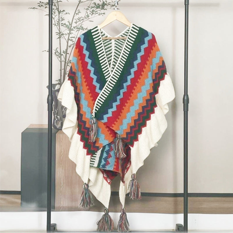 Stylish Long Wool Knitted Cape - Ethnic Inspired Winter Shawl Wrap for Women | Perfect for Outdoor Events, Parties & Cold Weather Fashion