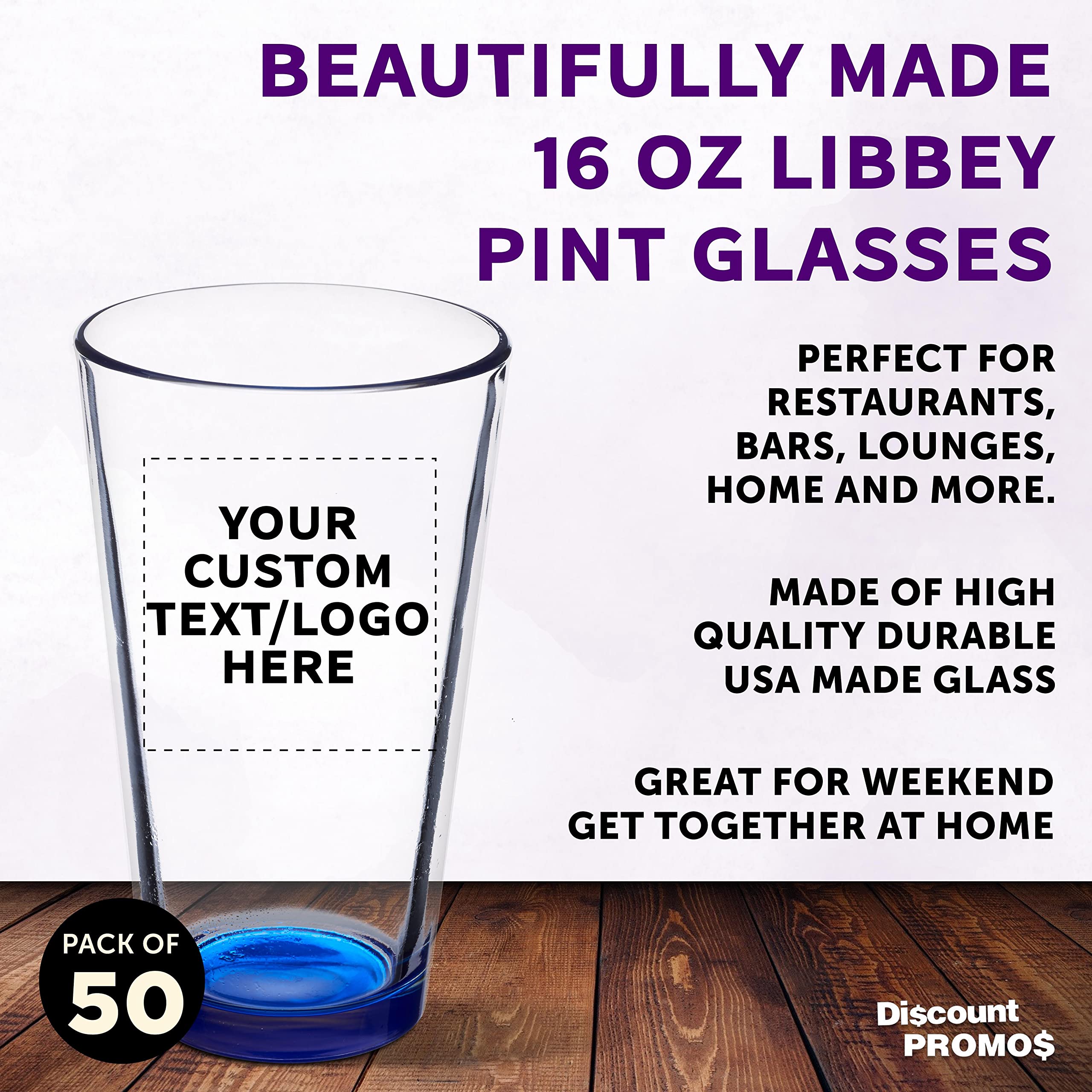 Custom Libbey 16 oz Pint Glasses Set of 50 - Personalized Bulk Beer Mugs, Heavy Duty Bar Drinkware in Blue - Perfect for Pubs, Restaurants & Party Favors