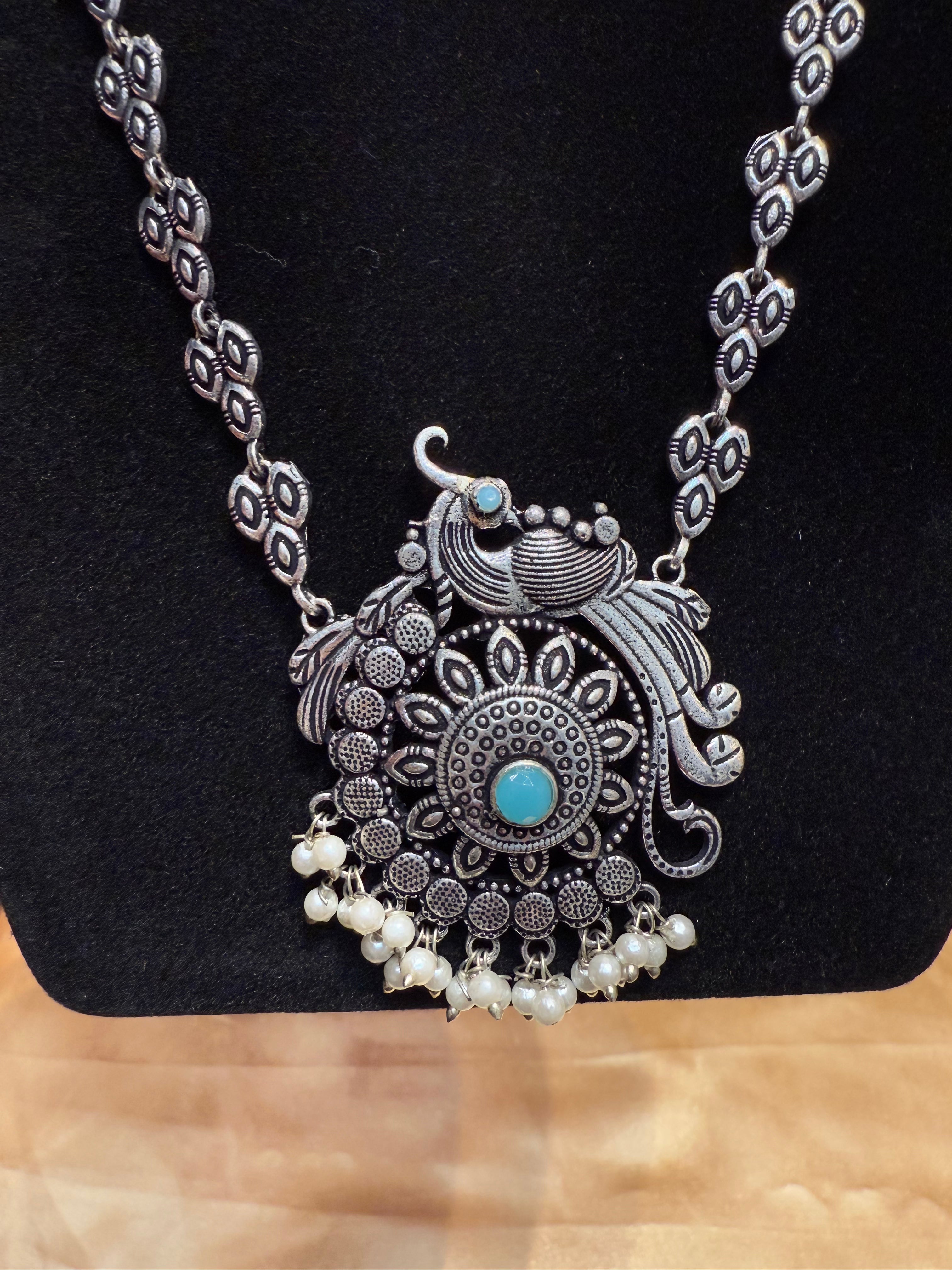 Elegant Sky Blue Peacock Design Oxidized Necklace with White Beads & Jhumka - Perfect for Weddings, Parties & Boho Fashion Accessories