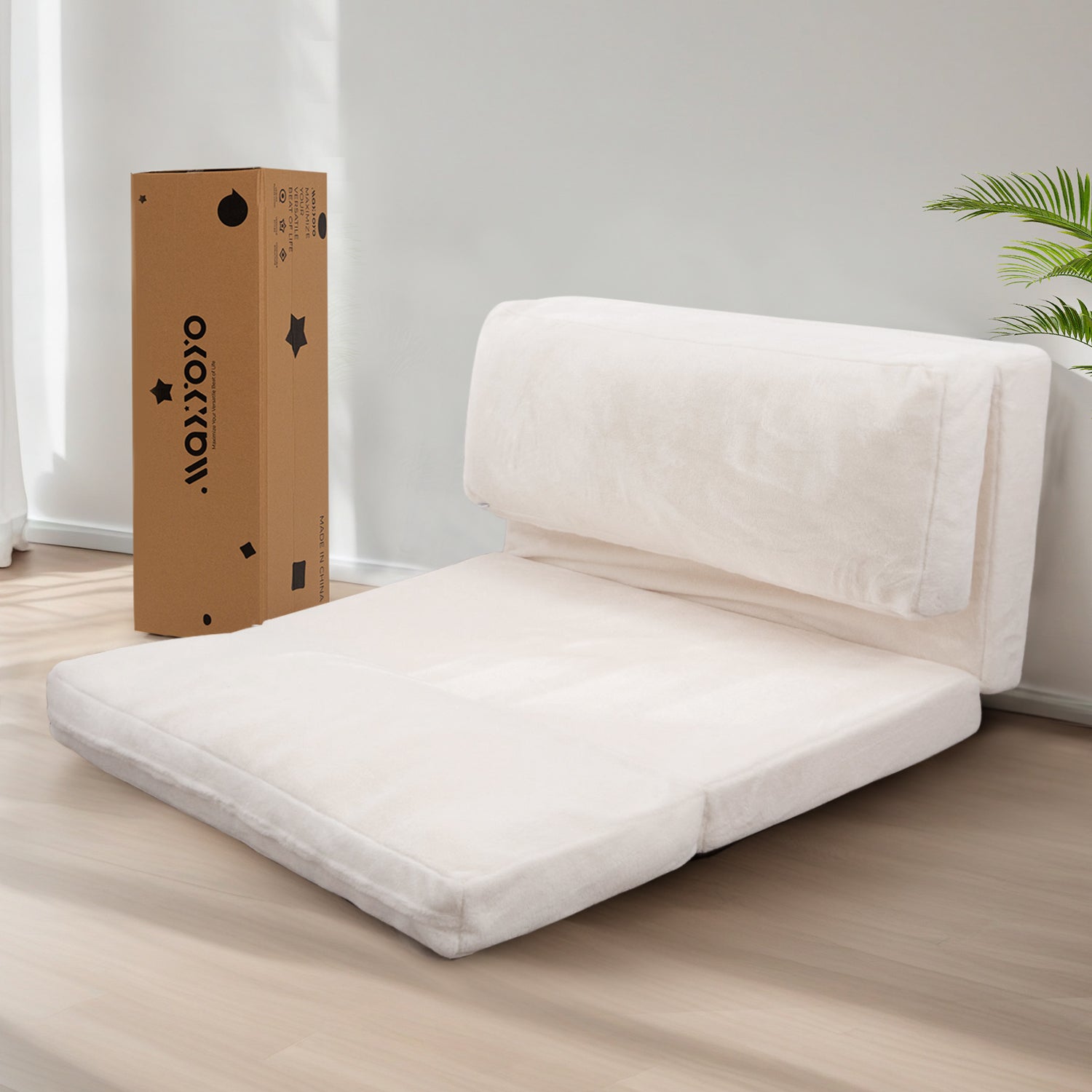 MAXYOYO Bean Bag Folding Sofa Bed - Extra Thick Floor Mattress with Washable Faux Fur Cover (Cream White) | Versatile for Living Room, Bedroom, Dorm & Guest Sleeping