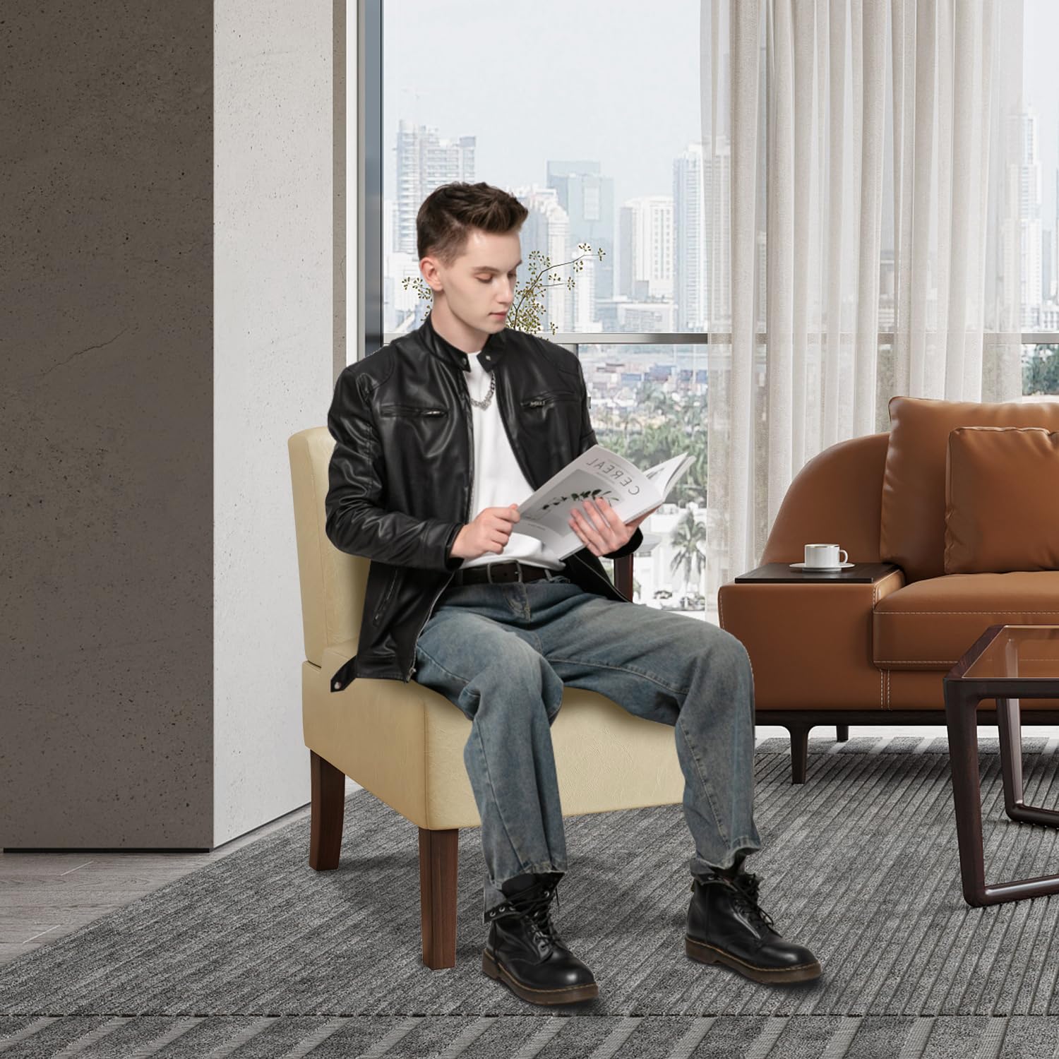 2 Pack Armless Accent Chairs - Upholstered Dining & Living Room Chairs with Solid Wood Legs, Beige Leather Reading Chairs for Bedroom, Vanity & Kitchen - Perfect for Small Spaces, Home Office & Cozy Corners
