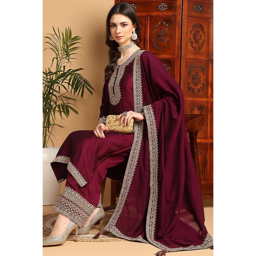 Maroon Silk Blend Suit Set for Men & Women | Elegant Festive Outfit for Diwali, Weddings & Special Occasions | Comfortable & Stylish Party Wear