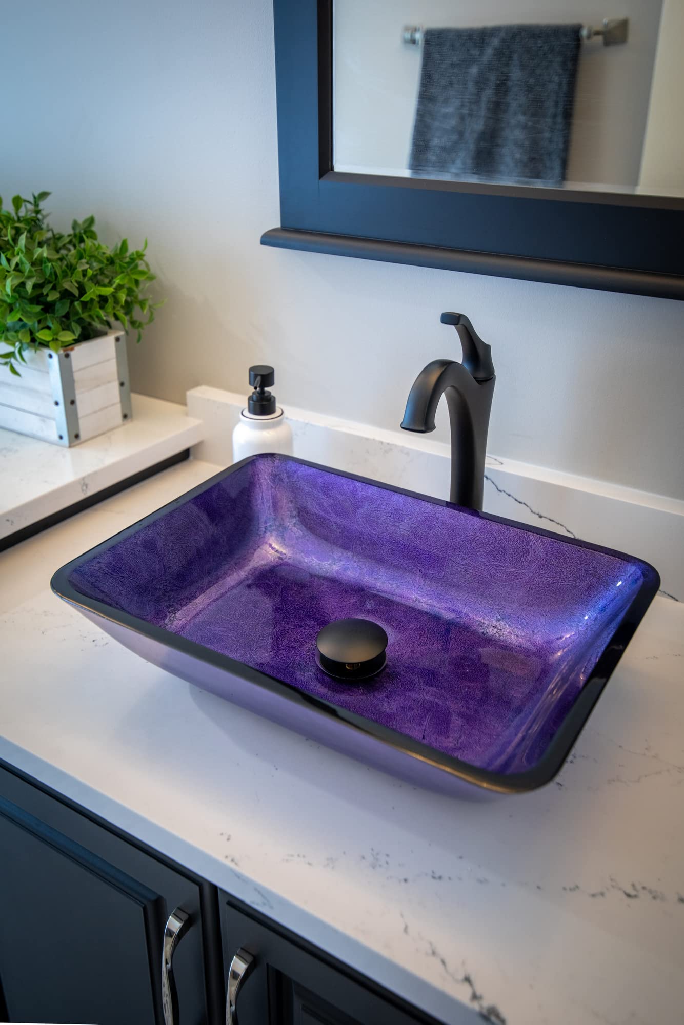 Modern Rectangular Purple Foil Glass Vessel Bathroom Sink - Elegant Vanity Basin for Contemporary Home Decor, Perfect for Powder Rooms and Luxury Bathrooms