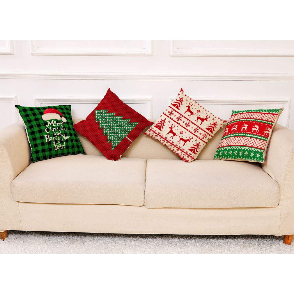 Ogrmar 4-Piece 18x18 Inch Christmas Throw Pillow Covers - Cotton Linen Square Cushion Covers for Sofa, Couch, Bed & Car Decor - Holiday Home Decor & Festive Living Room Accessories (Christmas Green)