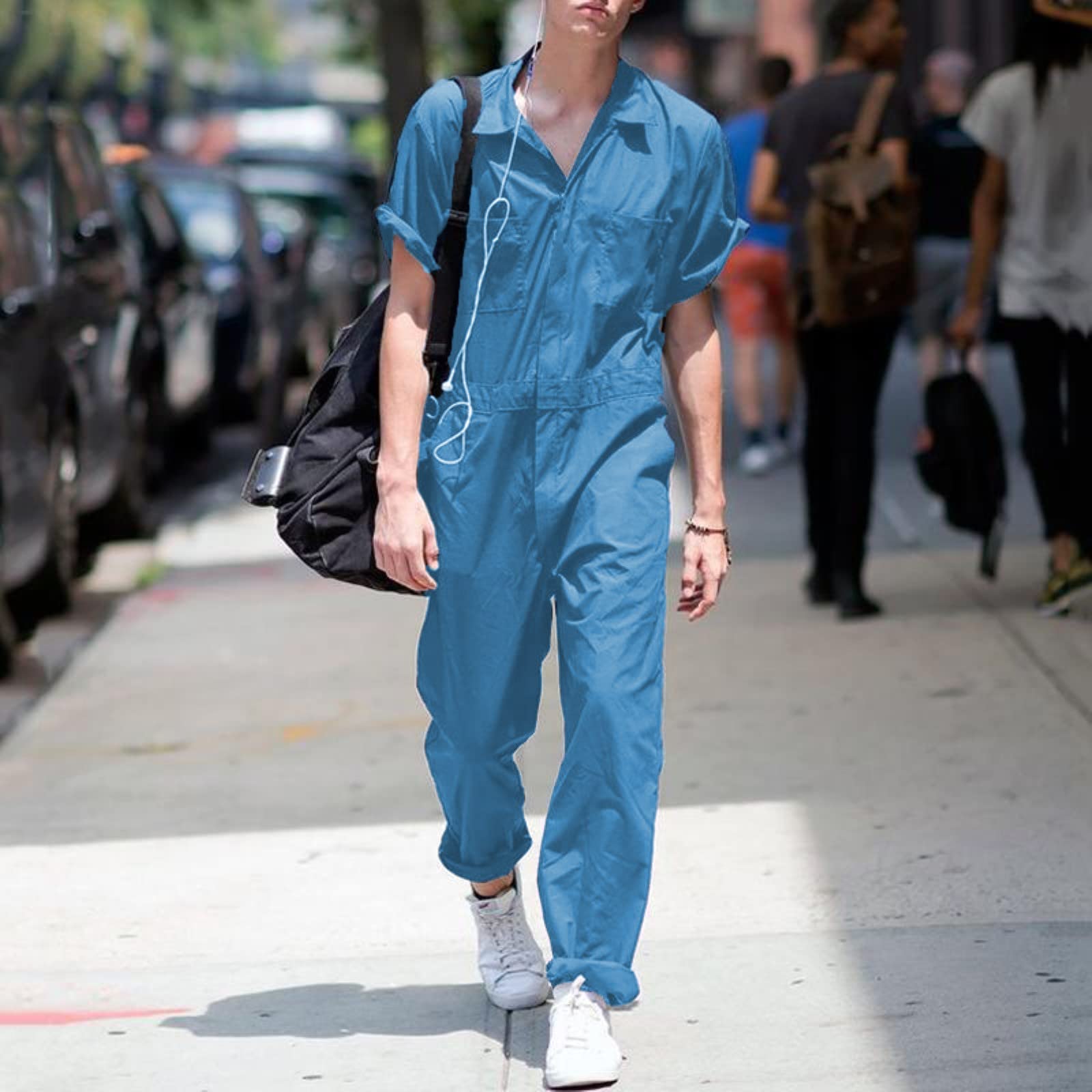 Gefomuofe Men's Short Sleeve Work Overalls - Single Breasted One-Piece Jumpsuit in Blue, Size XL | Durable Protective Coverall for Construction, Painting, Gardening & Industrial Work