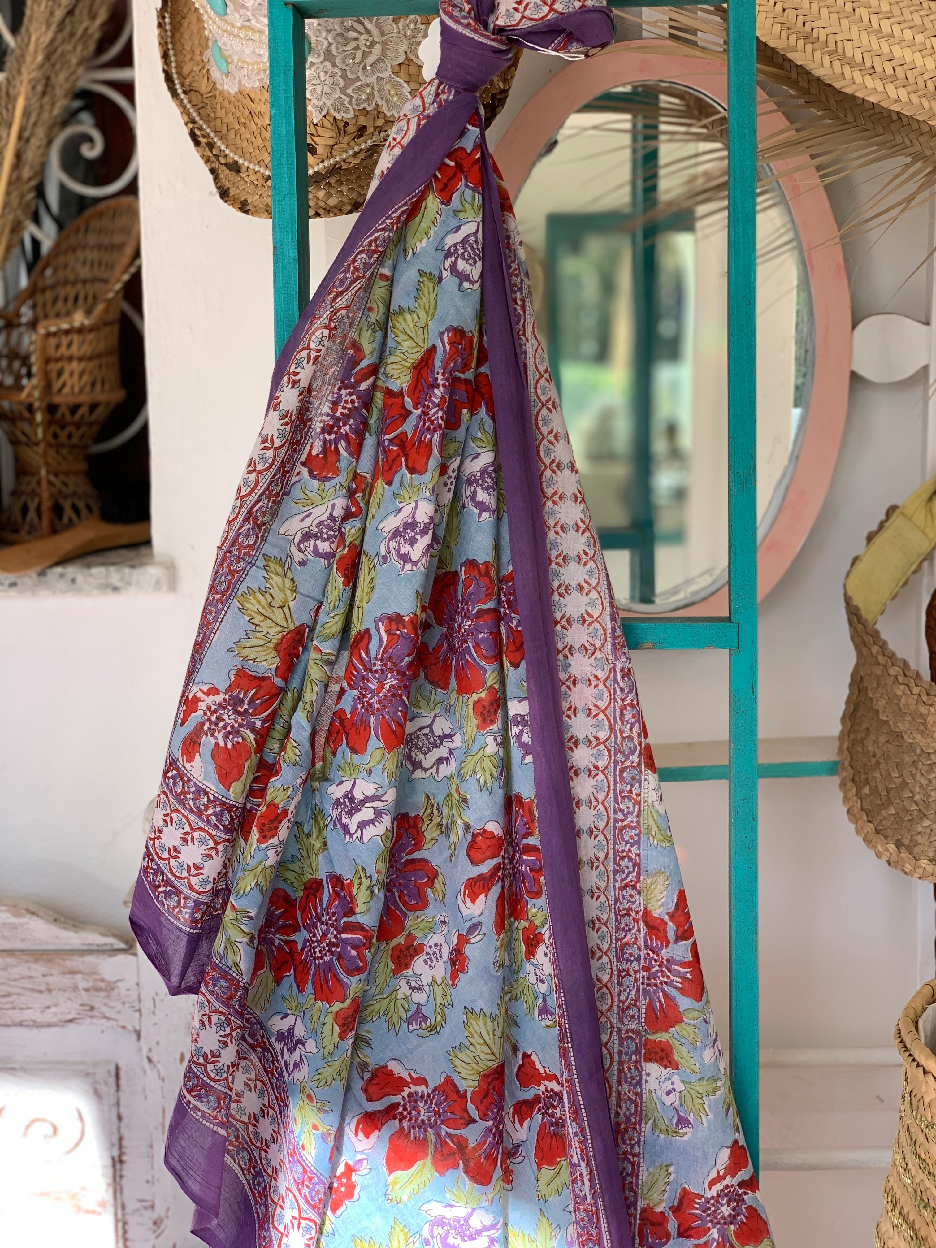 Stylish Block Print Cotton Sarong Pareo Shawl - New Collection for Beach, Pool & Summer Fashion