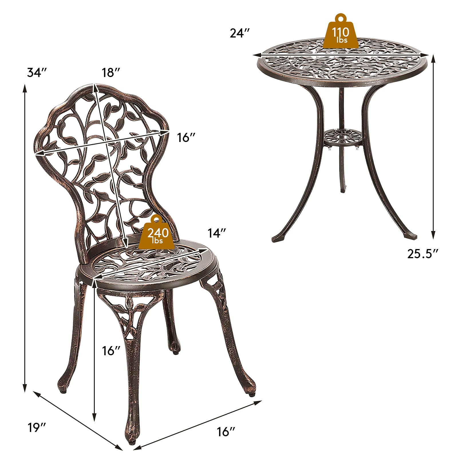 Tangkula 3-Piece Outdoor Bistro Set - Rust-Resistant Cast Aluminum Patio Furniture with Table & Chairs for Balcony, Backyard, Garden & Poolside - Perfect for Outdoor Dining, Lounging and Entertaining