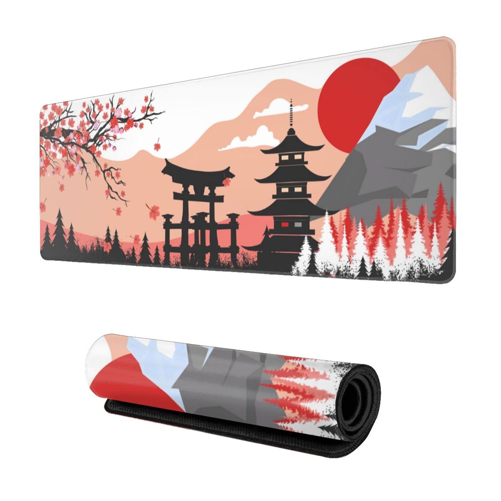 Japanese Mountain Cherry Blossom Gaming Mouse Pad - Extra Large 31.5''x11.8'' Non-Slip Rubber Base with Stitched Edges - Perfect for PC Gaming, Office Work & Home Computer Setup
