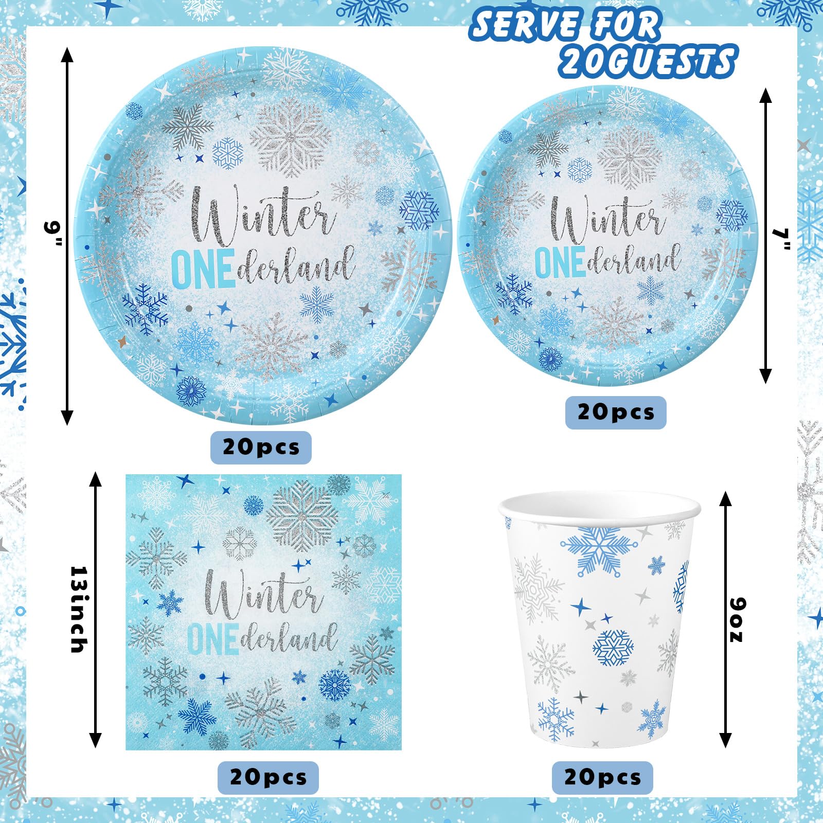 Domensi Winter Onederland First Birthday Party Decorations Set - 82pcs Snowflake Themed Tableware Kit with Tablecloths, Paper Plates, Napkins & Cups for Girls & Boys 1st Birthday (Blue) - Perfect for 20 Guests Winter Wonderland Celebrations