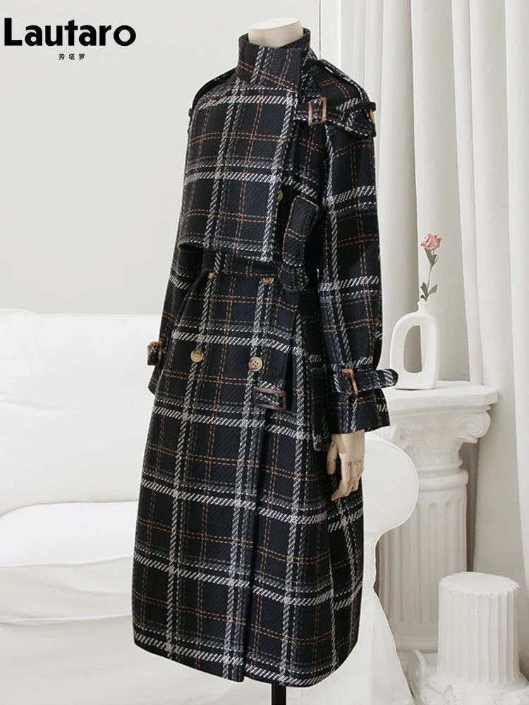Women's Autumn Winter Long Loose Warm Plaid Wool Blend Trench Coat - Raglan Sleeve, Belted Double Breasted Wool Overcoat for Office, Travel & Casual Wear