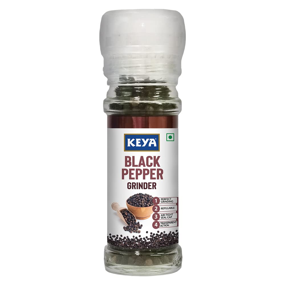 Premium Keya Black Pepper Grinder - 50g Fresh Kali Mirch | High-Quality Ground Black Pepper for Enhanced Flavor | Easy Twist-Top Design | Ideal for Cooking, Seasoning, Garnishing & Everyday Meals | Perfect for Steak, Pasta, Salads & Soups