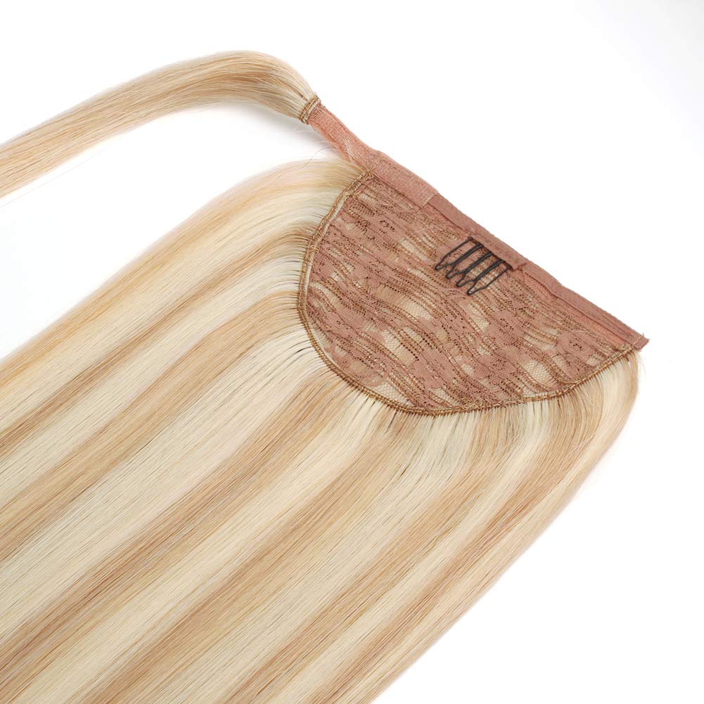 ABH AMAZINGBEAUTY HAIR Women's Ponytail Extension - 20 Inch Remy Human Hair with Dirty Blonde & Platinum Blonde Highlights (P12-60) - Easy Wrap Design - 100g - Perfect for Parties, Weddings & Everyday Styling