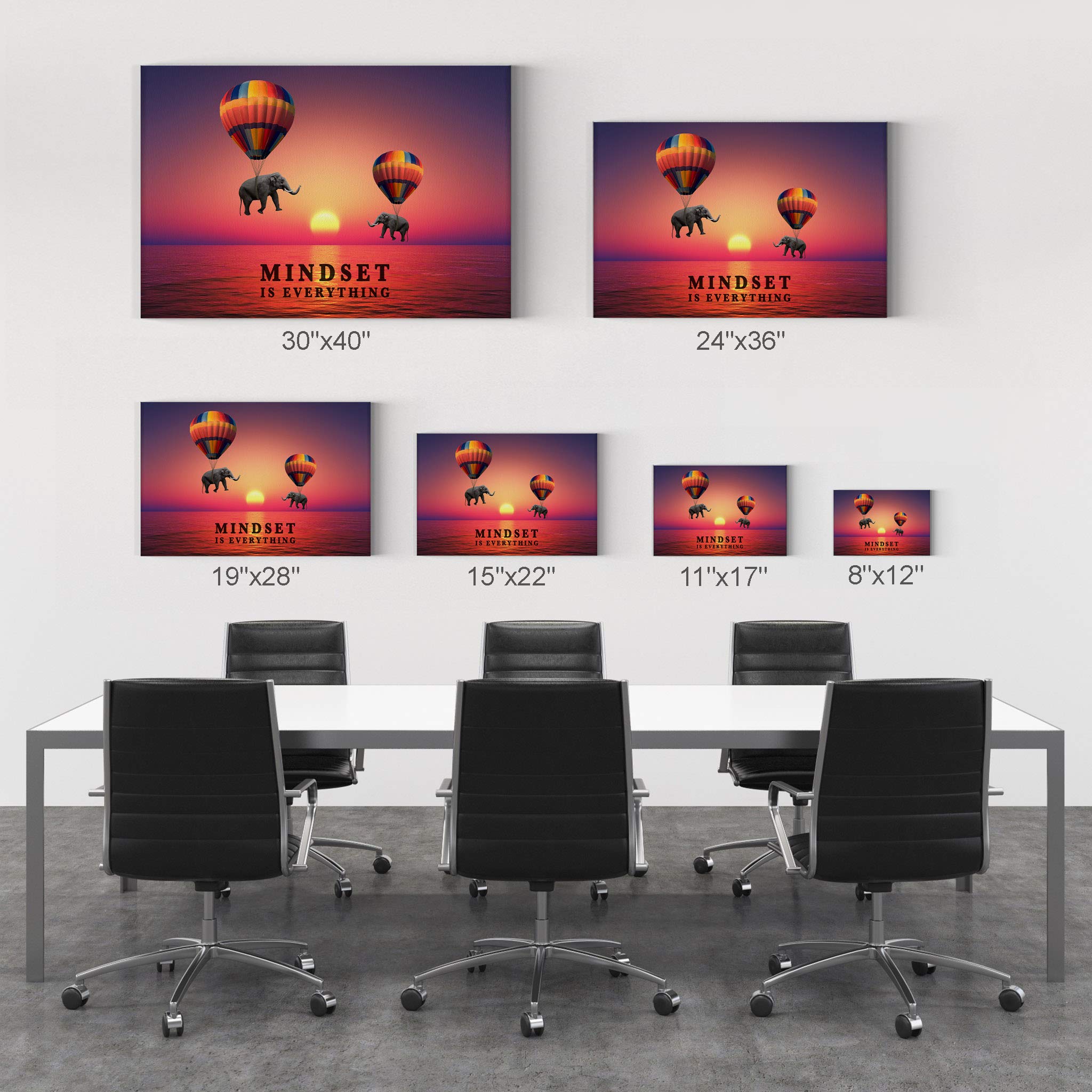 Mindset is Everything Elephant with Balloon Sunset Motivational Canvas Wall Art - Inspirational Office & Living Room Decor - Entrepreneur Quote Print - Ready to Hang 24x36 - Perfect for Home, Office & Gift Giving