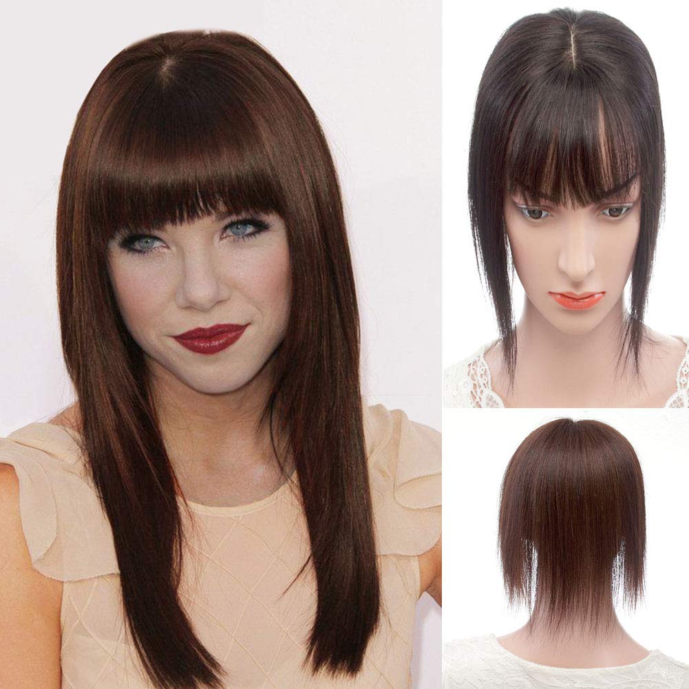 Silky Straight Human Hair Topper Clip-in Wiglet with 3D Wispy Fringe - 35cm Brown | Natural-Looking Hair Extension for Thinning Hair & Instant Volume | Perfect for Daily Wear, Parties & Special Occasions
