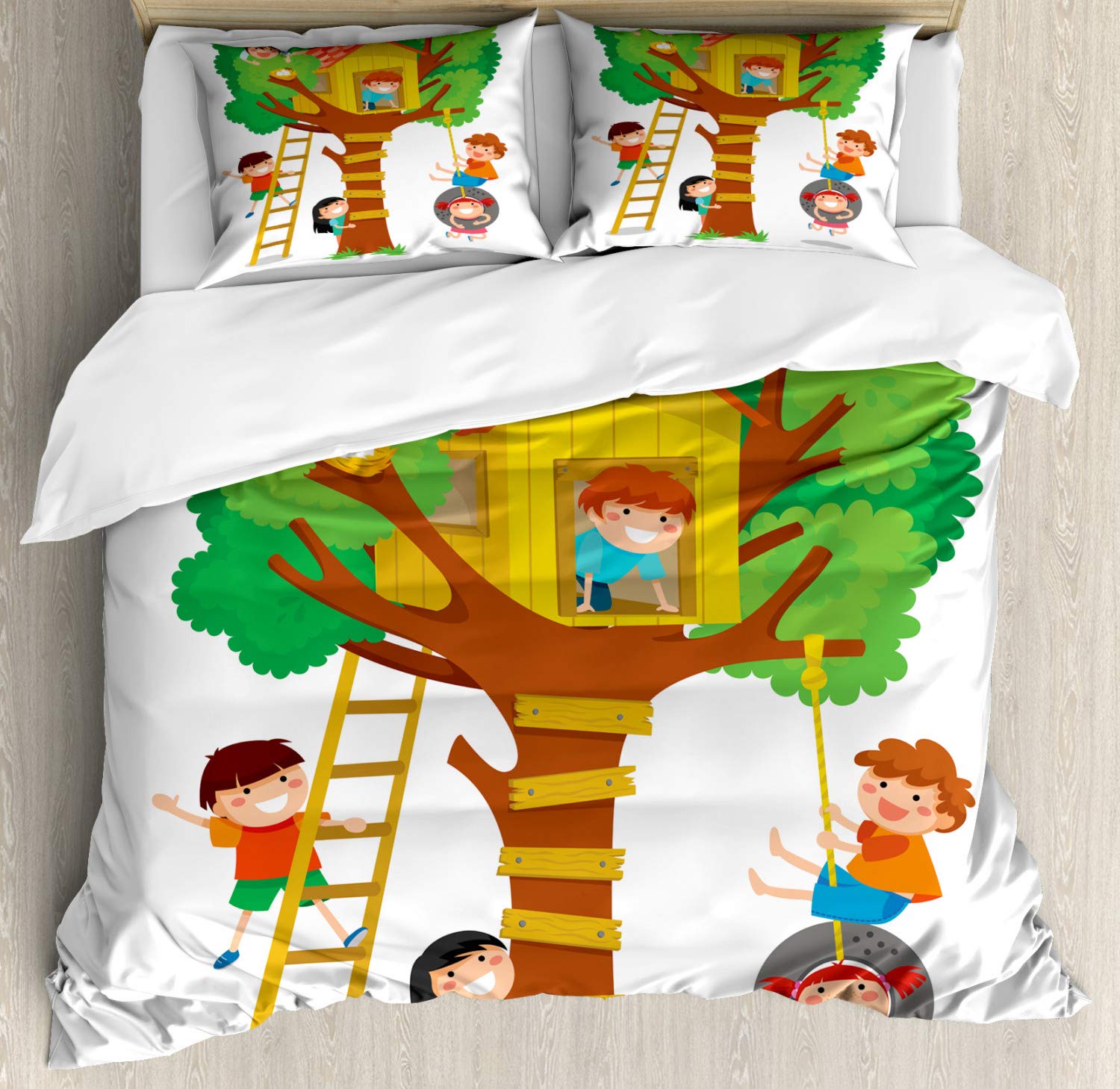 Ambesonne Cartoon Duvet Cover Set - Happy Kids Playing in Tree House Design, 3-Piece Queen Size Bedding Set with 2 Pillow Shams, Colorful Nursery Decor for Boys & Girls | Perfect for Kids' Bedrooms, Playrooms & Cozy Sleepovers