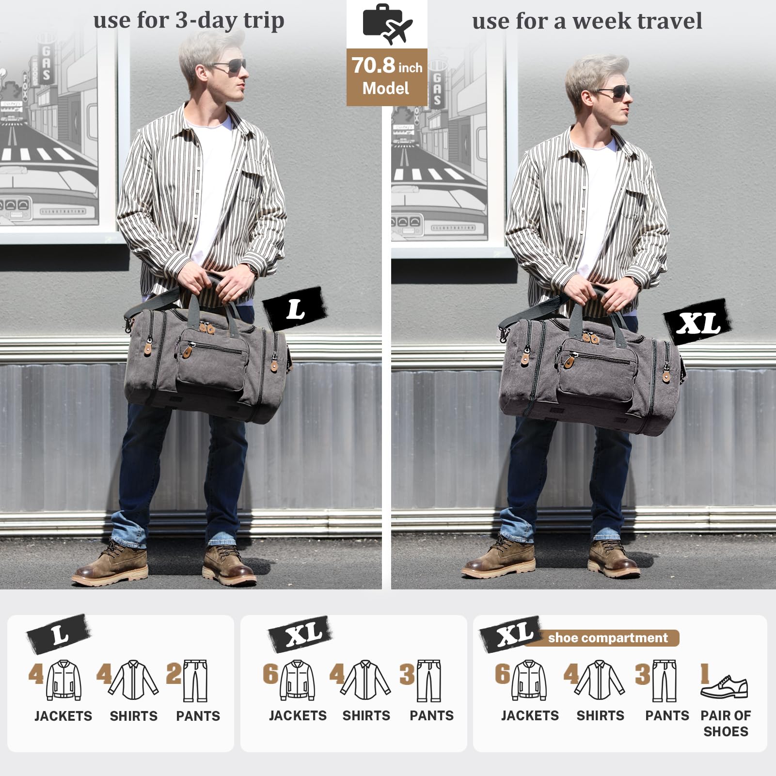 Gonex 60L Canvas Duffle Bag for Travel, Gym & Weekend - Water-Resistant Carryall Luggage with Shoulder Strap (Gray) | Perfect for Camping, Sports Gear & Overnight Trips