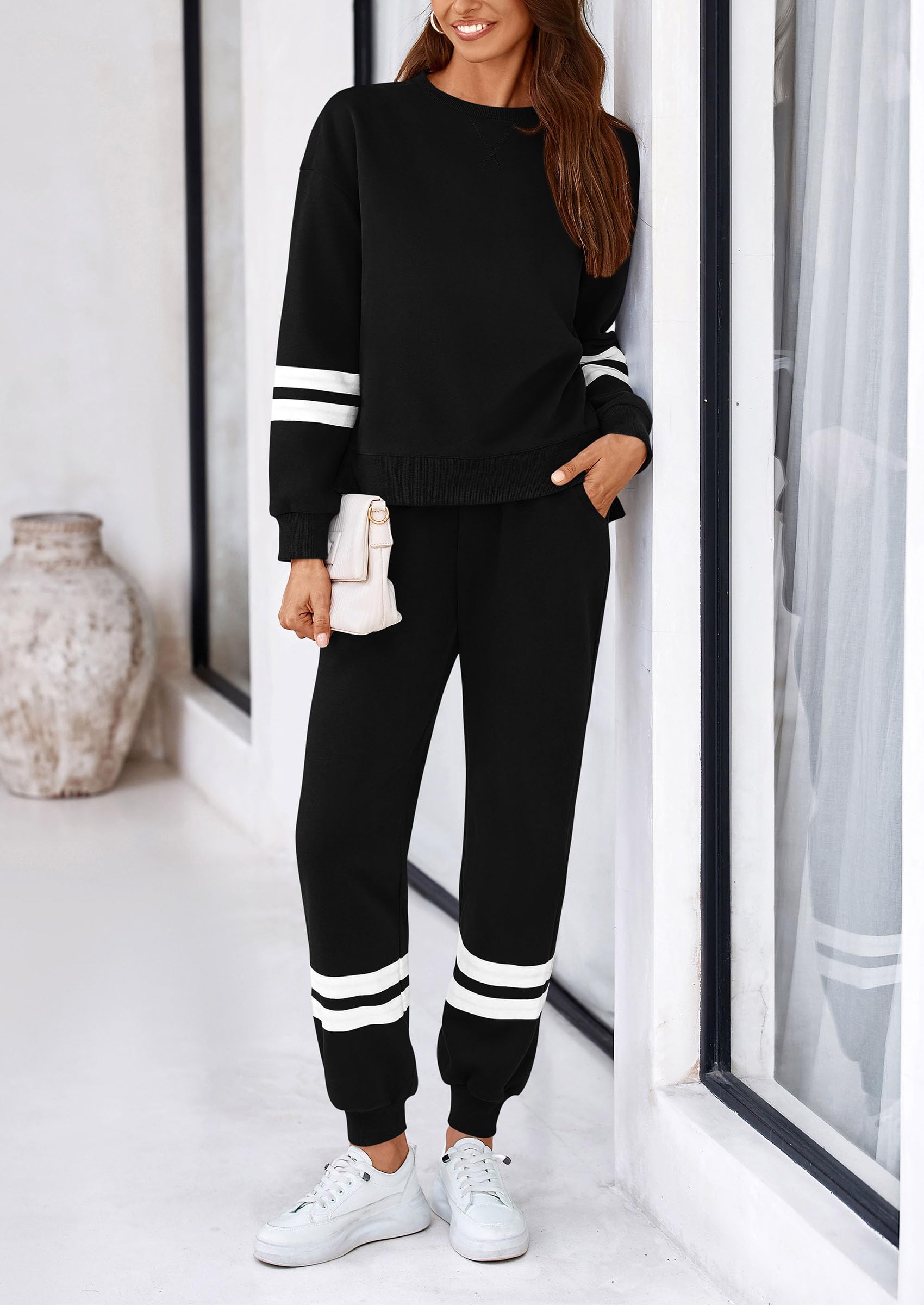 PRETTYGARDEN Women's 2 Piece Striped Tracksuit Set - Long Sleeve Sweatshirt & Sweatpants Lounge Outfit | Casual Wear, Yoga, Running, Home Relaxation
