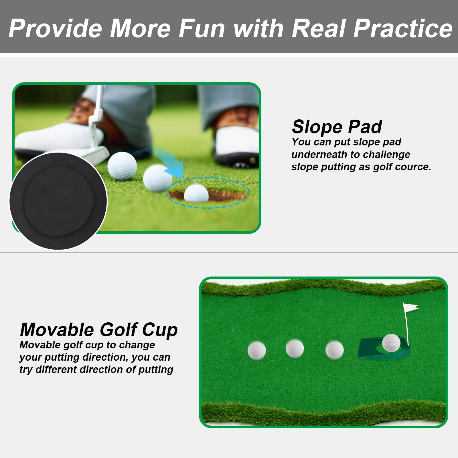 Premium Indoor/Outdoor Golf Putting Green Mat - 3 Holes with Challenge Cup & Flags - Practice Slope for Home Golf Simulators - Perfect for Backyard Training & Office Putting Practice