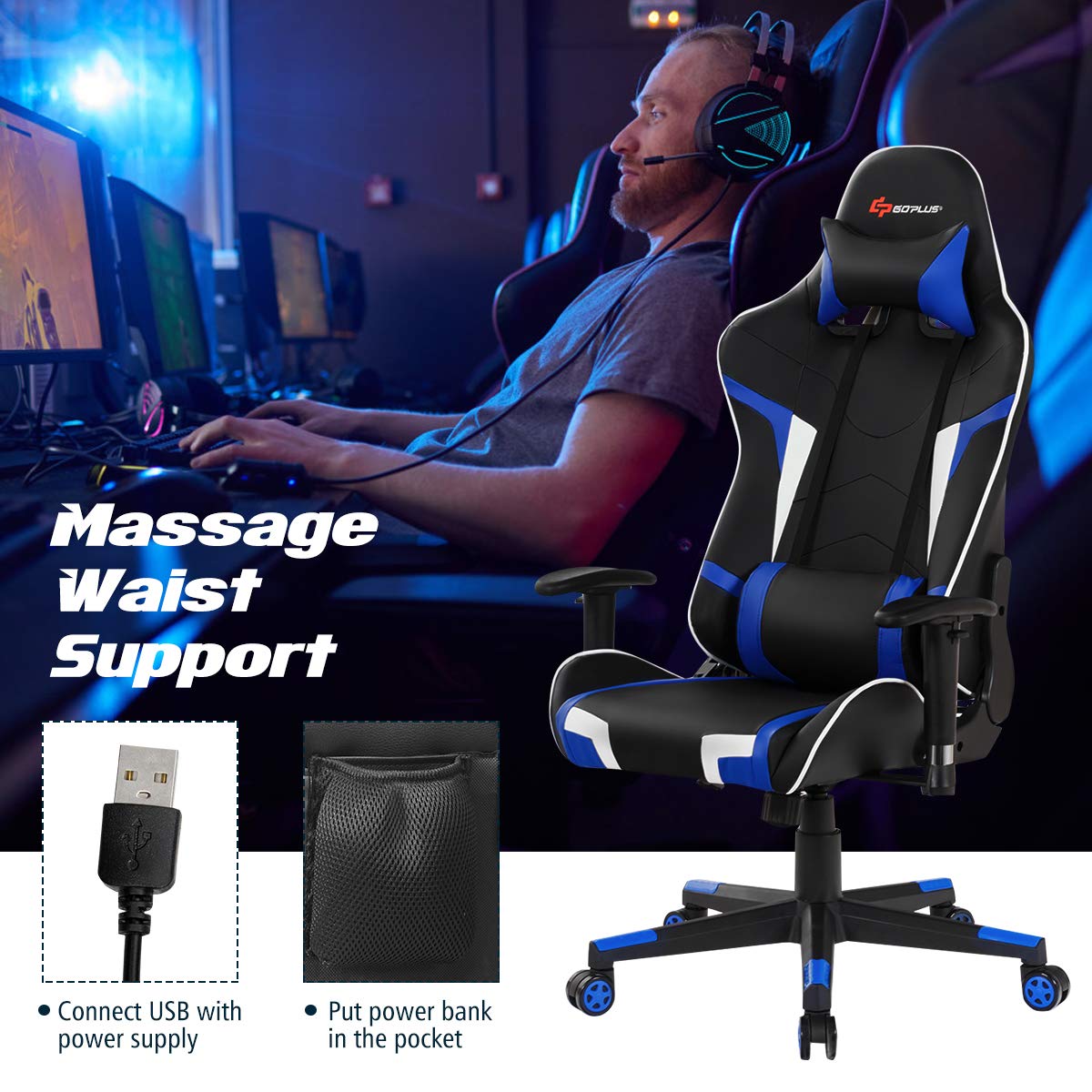 Goplus Ergonomic Gaming Chair - High Back PU Leather Office Chair with Adjustable Arms, Headrest & Massage Function for Computer, Racing & Executive Use - Perfect for Home Office, Gaming Setup & Workstation