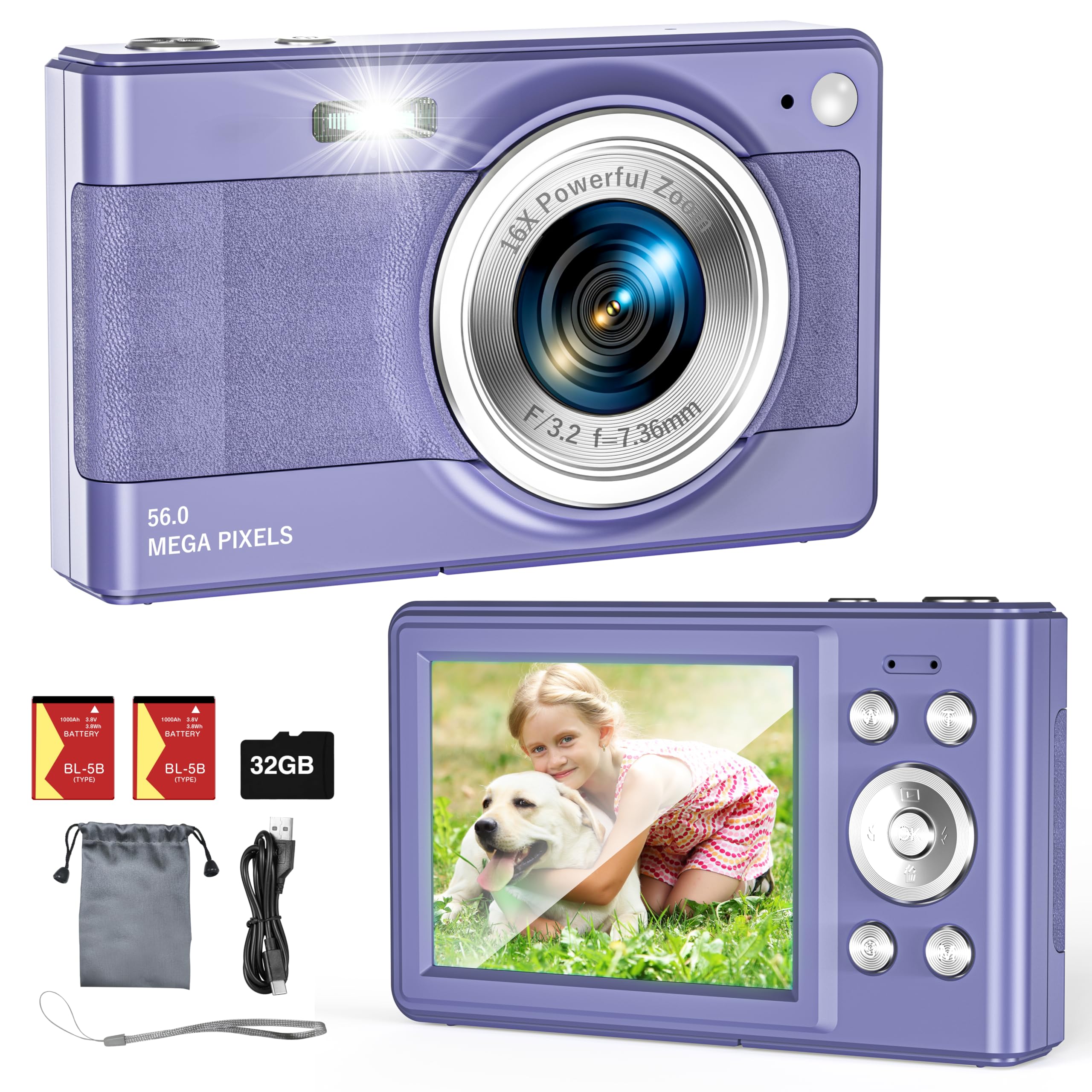 56MP FHD 1080P Kids Digital Camera with 16x Zoom & Anti-Shake | 32GB TF Card, 2 Batteries & Lanyard Included | Compact Purple Camera for Boys & Girls | Perfect for Travel, Birthday Gifts & First Photography Experience