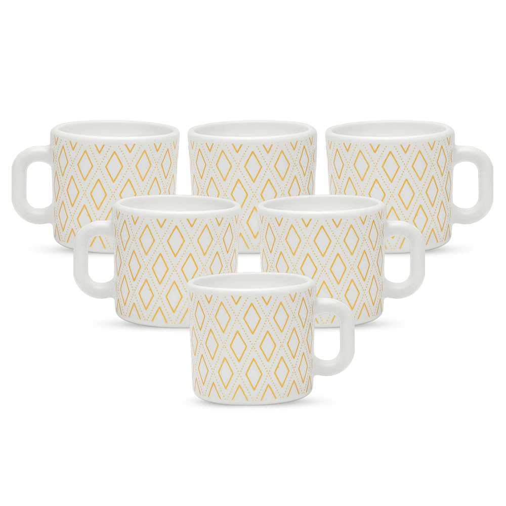 BOROSIL Larah Angel Gold Opalware Tea Coffee Mug Set - 6 Piece 100ml Microwave & Dishwasher Safe Bone-Ash Free White Crockery | Perfect for Home, Office, Gifts & Daily Use