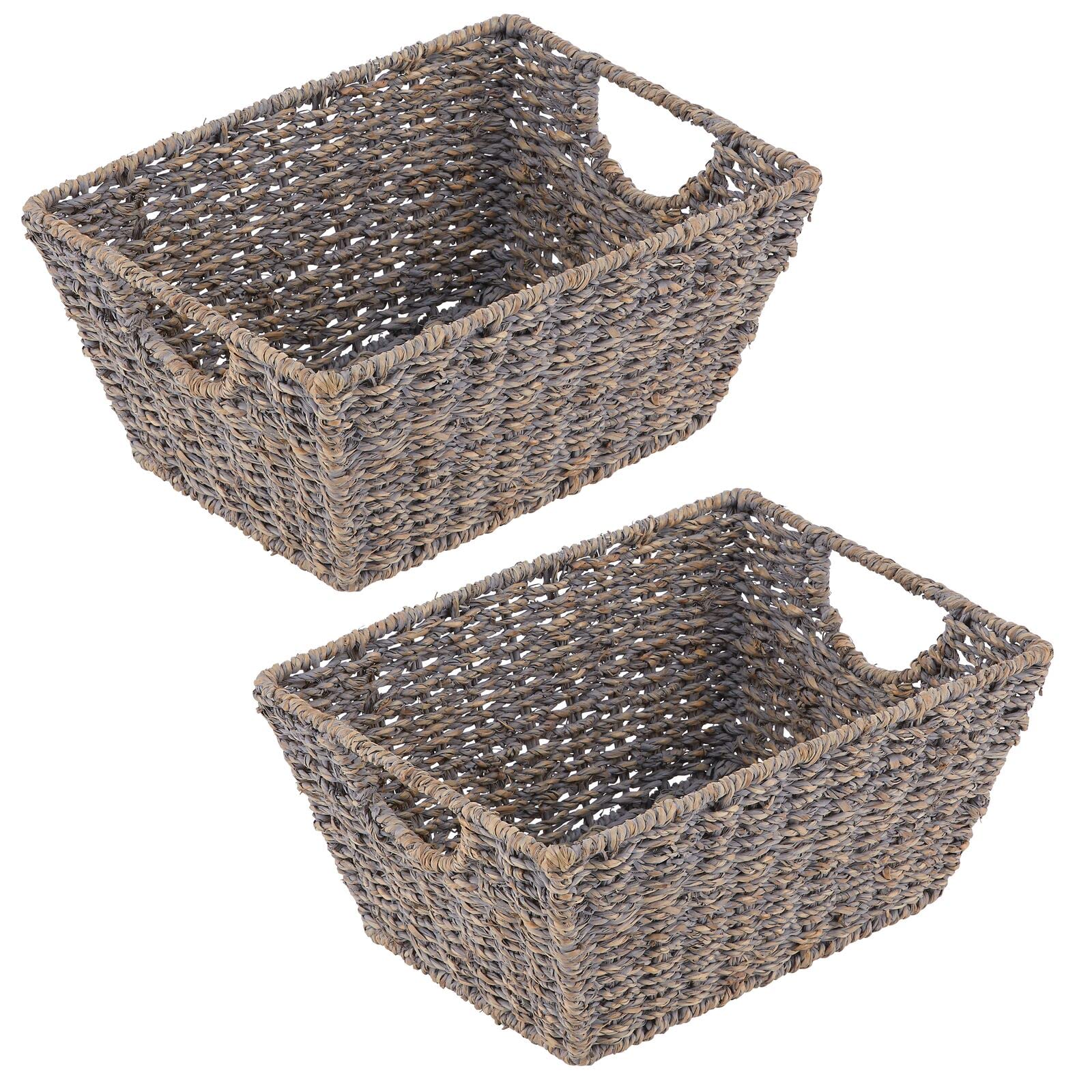 Natural Woven Seagrass Storage Baskets - 2 Pack Gray Nesting Organizer Bins for Closet, Kitchen, Pantry, Bathroom & Laundry Room - Perfect for Home Organization & Decluttering