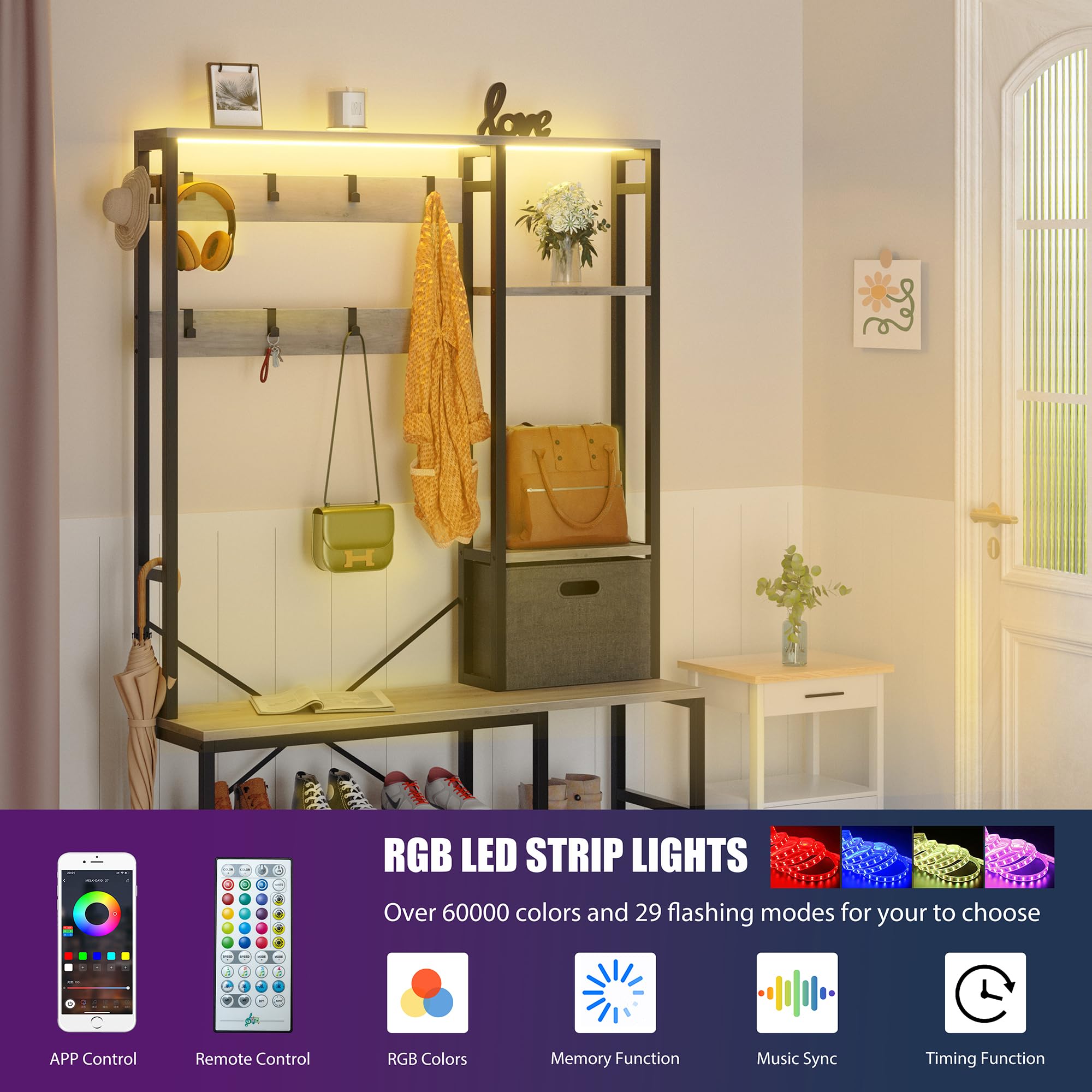 Meilocar 5-in-1 LED Hall Tree with Bench - Free Standing Coat Rack with Shoe Storage, Fabric Baskets & Side Hooks - Perfect for Entryway, Foyer, Mudroom & Home Organization (Gray)