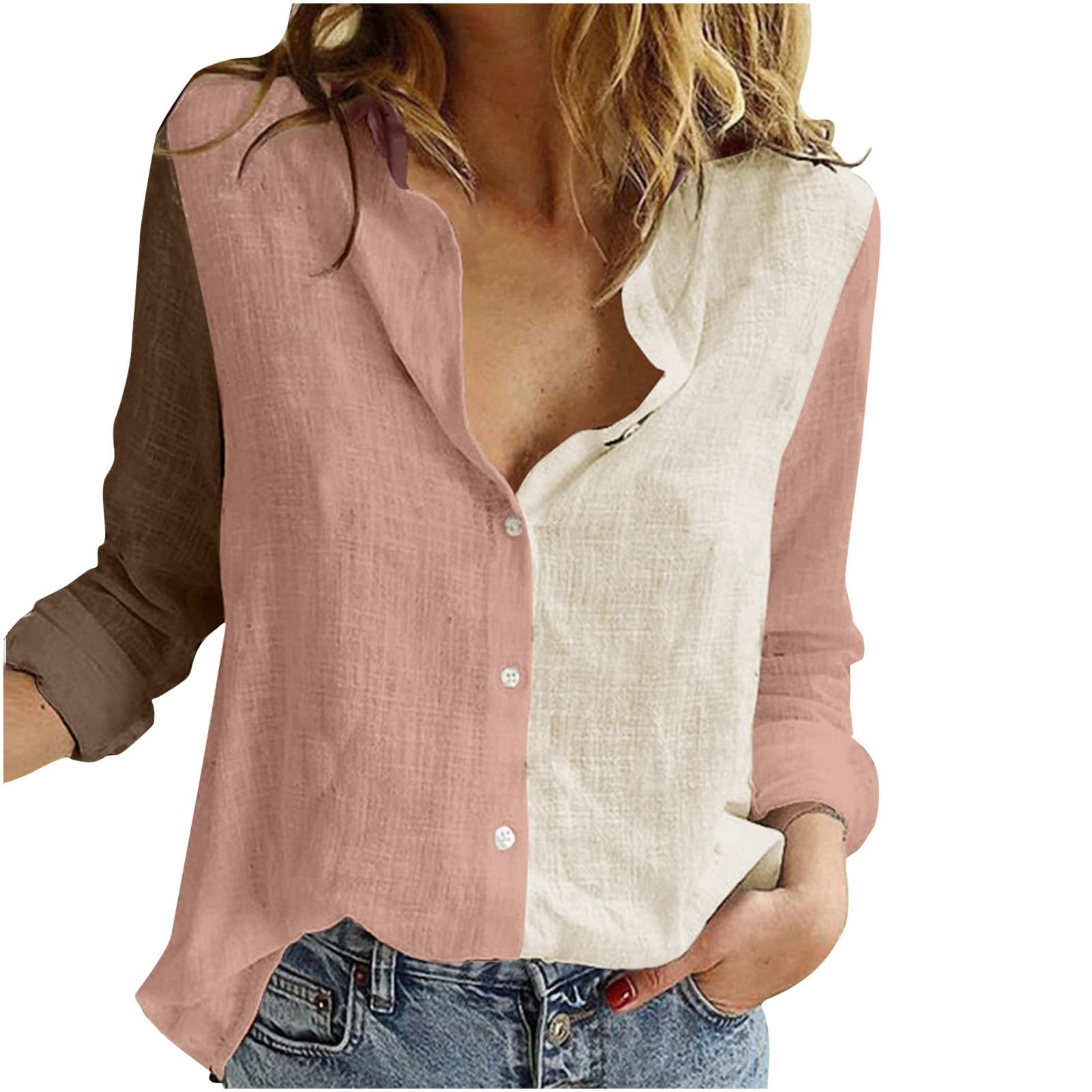 Women's Summer Tops - Lapel V-Neck Patchwork Cotton Linen Blouse with Long Sleeves & Button Down Design | Perfect for Office Wear, Casual Outings & Summer Vacations