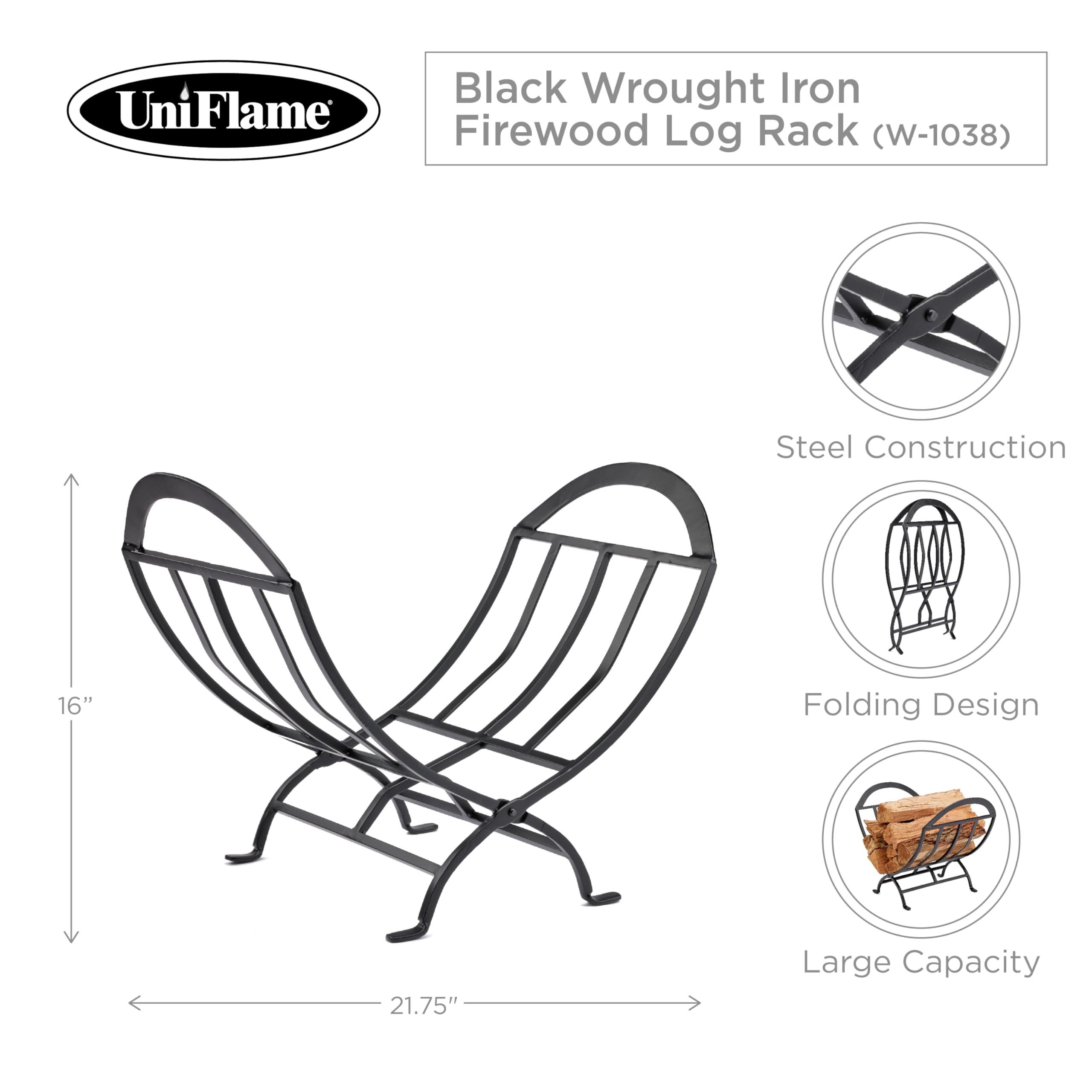 Uniflame W-1038 Black Wrought Iron Firewood Log Rack - Outdoor Firewood Storage for Fireplace, Camping, and Patio Use