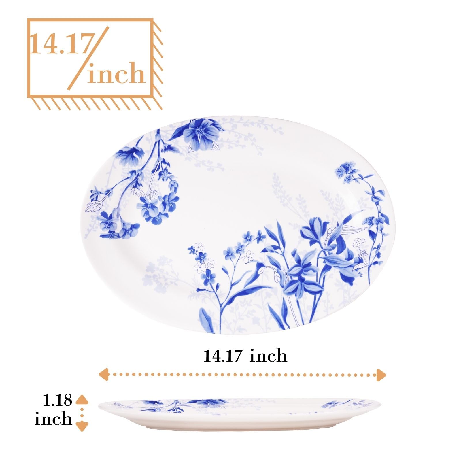Sonemone Ink Flower 14-Inch Oval Ceramic Serving Platter - Microwave & Dishwasher Safe Party Dish for Pizza, Appetizers, Entertaining | Elegant Dinnerware for Weddings, Holidays & Family Gatherings