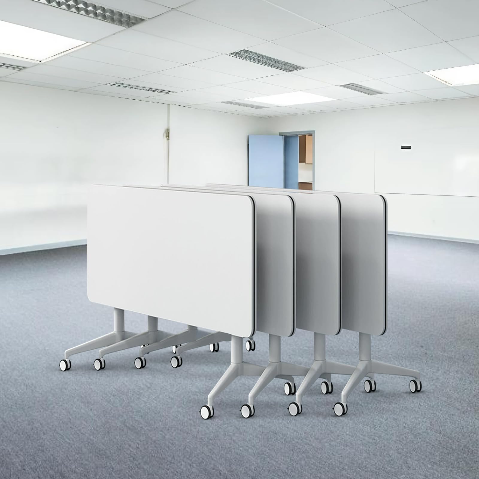 Foldable Conference Table with Wheels - White Large Rectangular Flip Top Meeting Table for 2-10 People (70.8