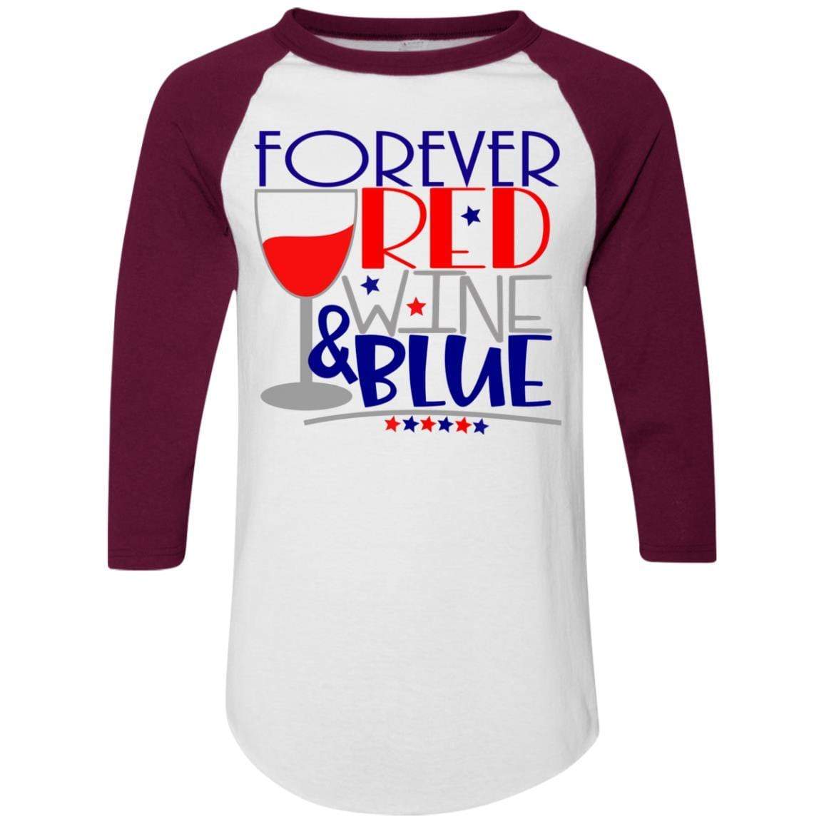 WineyBitches.Co Forever Red Wine & Blue Colorblock Raglan Jersey - Stylish Baseball Tee for Casual Wear, Girls Night Out & Patriotic Events