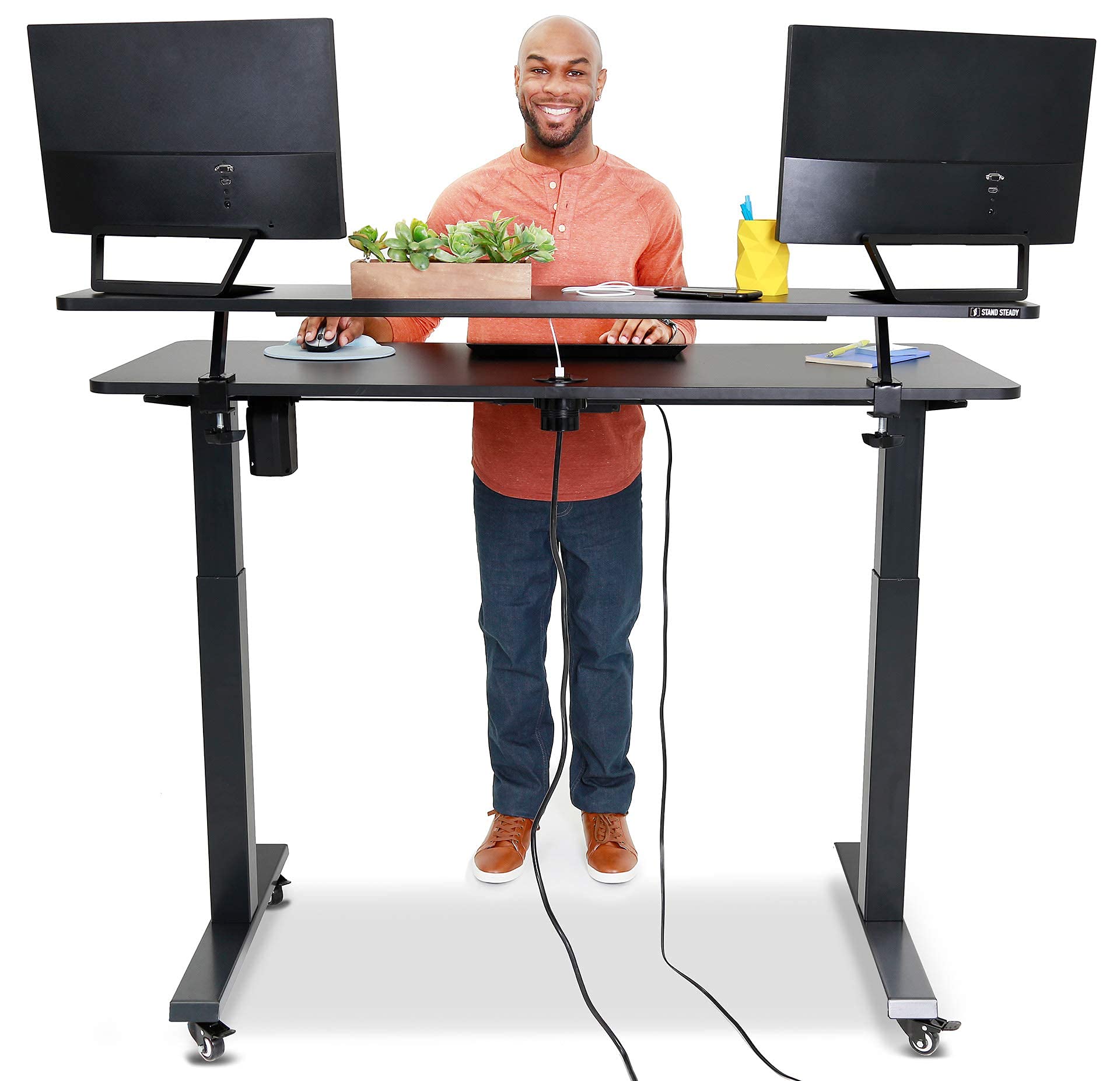 Tranzendesk Power 55 Inch Electric Standing Desk with Built-In Charging | Height Adjustable Stand Up Desk with Clamp-On Shelf | Electronic Desk with 1 AC Outlet & 2 USB Ports (55/Black) | Perfect for Home Office, Gaming Setup & Workspace Ergonomics