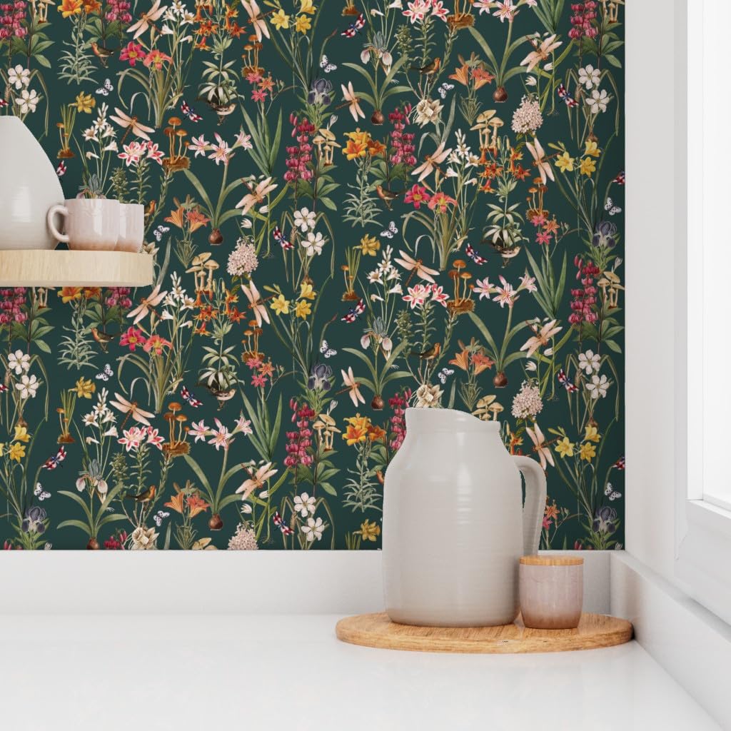 Peel & Stick Wallpaper 12ft x 2ft - Garden Dragonflies Spring Botanical Woodland Floral Custom Removable Wallpaper by Spoonflower | Perfect for Bedroom, Nursery, Living Room & Office Decor