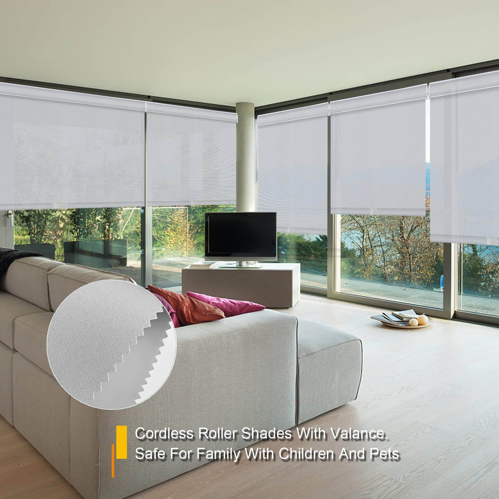 Blackout Cordless Roller Shades - Light Grey Thermal Insulated Window Blinds with UV Protection & Valance | Perfect for Bedroom, Living Room & Office Privacy