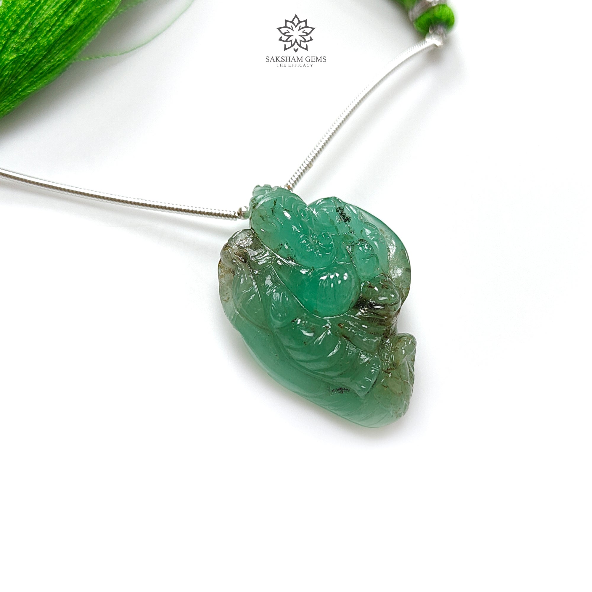 Natural Green Emerald Gemstone Carving Loose Beads - 47.80cts Untreated May Birthstone, Lord Ganesha Idol Beads (33x23mm, 1pc) for Jewelry Making, Meditation & Spiritual Healing